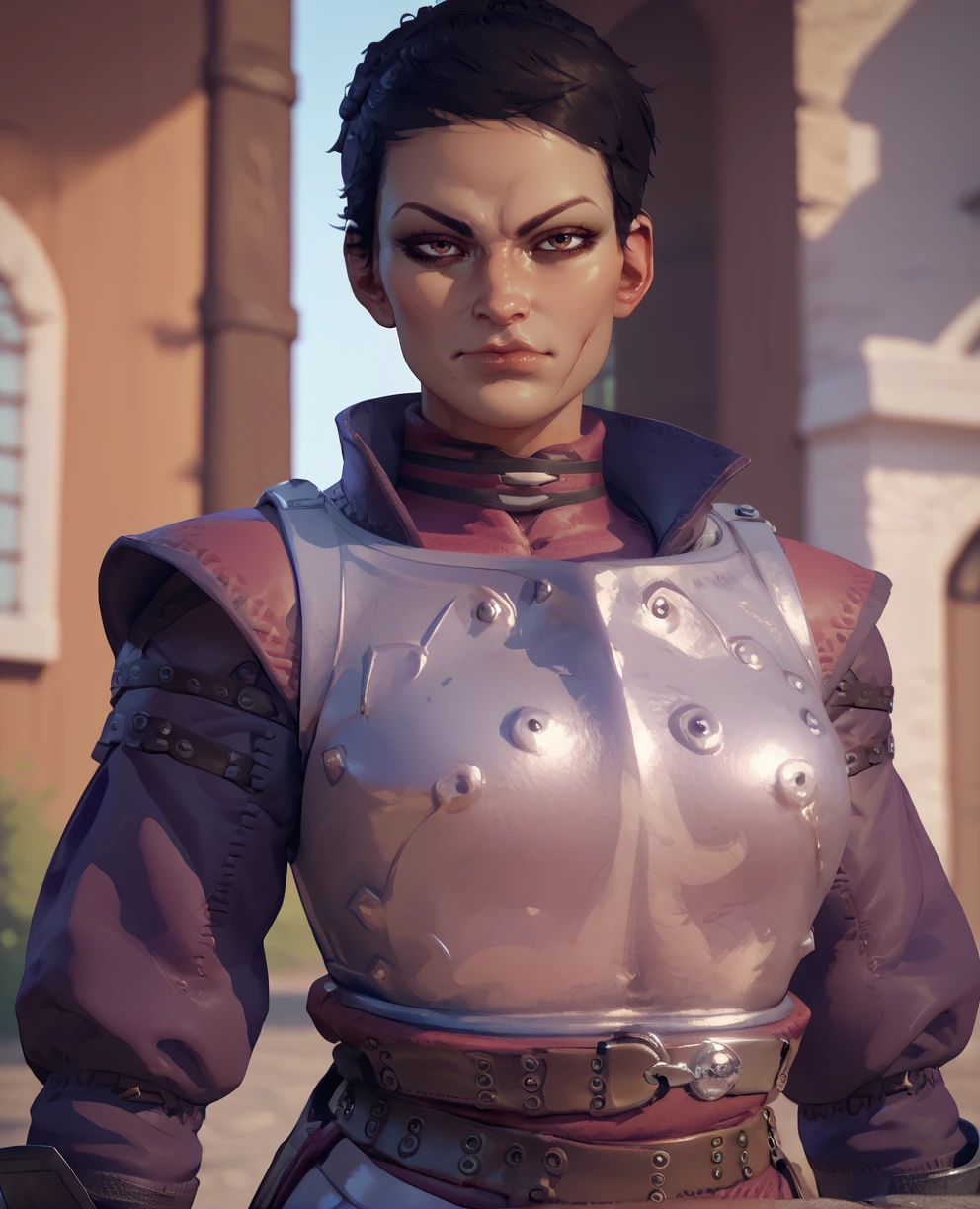 score_9,score_8_up,score_7_up,smug,
Cassandraxl,brown eyes,very short black hair,
brown gauntlets,breastplate,belt,red undershirt,purple sleeves,
standing,upper body,serious,
training dummy,outside,morning,
<lora:Cassandra131:1>,