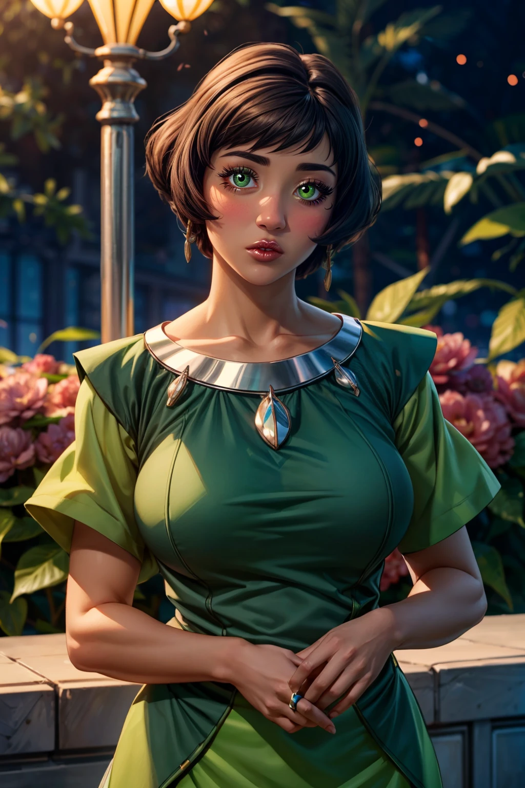 (ultra realistic,32k, masterpiece:1.2),(high detailed skin:1.1),( high quality:1.1), <lora:Opal_Korra_v3:0.5>, Opal Korra, head tilt, blush, blooming flowers, luminescent petals, otherworldly fragrance blurry background, (looking at viewer, standing:1.1), huge breast, large breast, <lora:add_detail:0.92>, (glowwave:1.1),