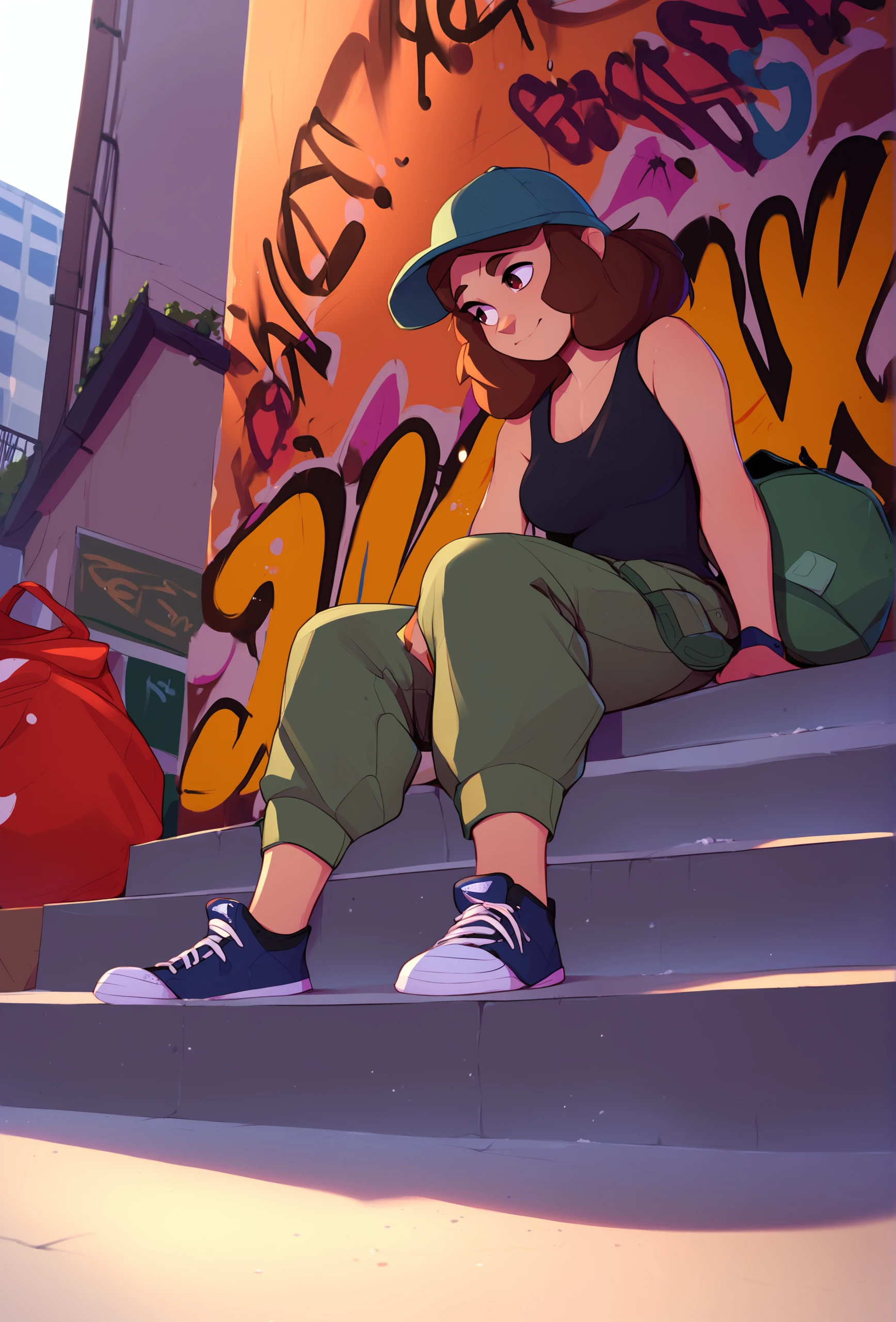score_9, score_8_up, score_7_up, score_6_up, score_5_up, score_4_up, outdoors, urban, sidewalk BREAK
<lora:pudgeruffian_style_ponyXL_v1_resized:1> pudgeruffianstyle, 1girl, solo, tank top, sitting, stairs, medium hair, baseball cap, arm support, brown hair, from below, cargo pants, graffiti, garbage bag, sneakers, looking away, light smile, medium breasts,