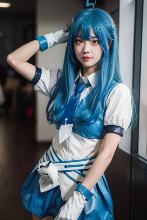 ltra-detailed,highly detailed,best quality,masterpiece,illustration,realistic,photorealistic,
22niang, bilibili suit, 1girl, cosplay, solo, 
aqua hair, long hair, hair ornament, ahoge, hair ribbon, 
collared shirt, puffy short sleeves, necktie, belt, pleated skirt, gloves, 
looking at viewer, upper body, 
<lora:bilibili22niang_v1_07:0.8>