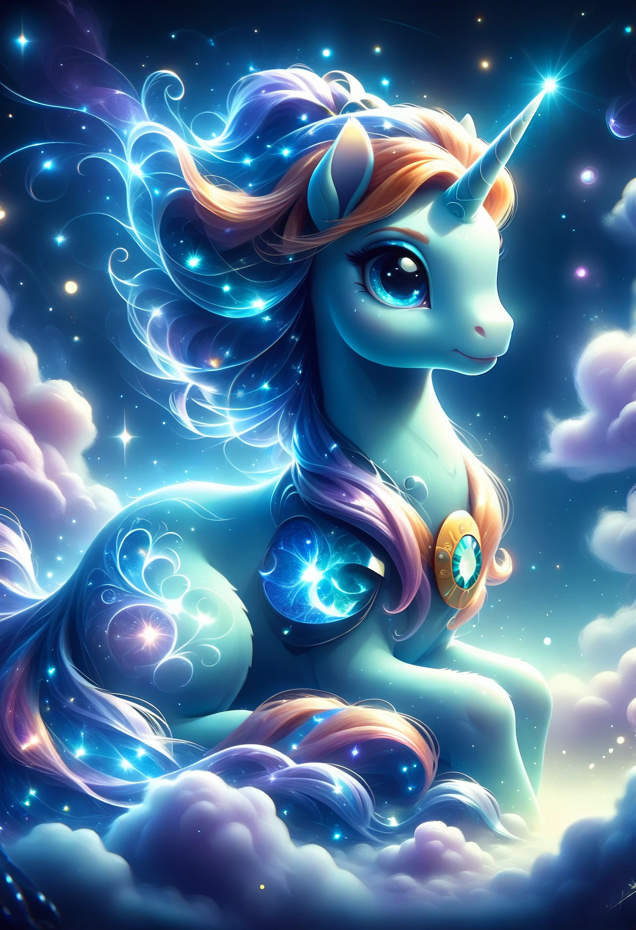 <lora:PonySpiritAnimals:1> Spirit animal, score_9, score_8_up, score_7_up, score_6_up, score_5_up, score_4_up, sparkling kawaii little baby unicorn sitting on a cloud of nebula dust, light shines through, magical artifact, very detailed, amazing quality, intricate, cinematic light, highly detail, beautiful, surreal, dramatic, galaxy