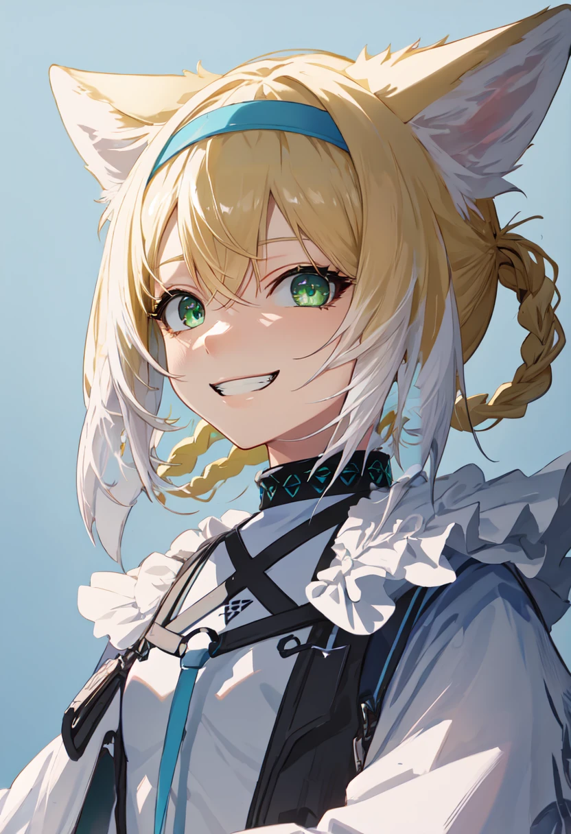 best quality, masterpiece, highres, solo, (suzuran_arknights:1.10), evil grin, evil smile, grin, portrait, looking at viewer, 38 <lora:suzuran_arknights:0.80>