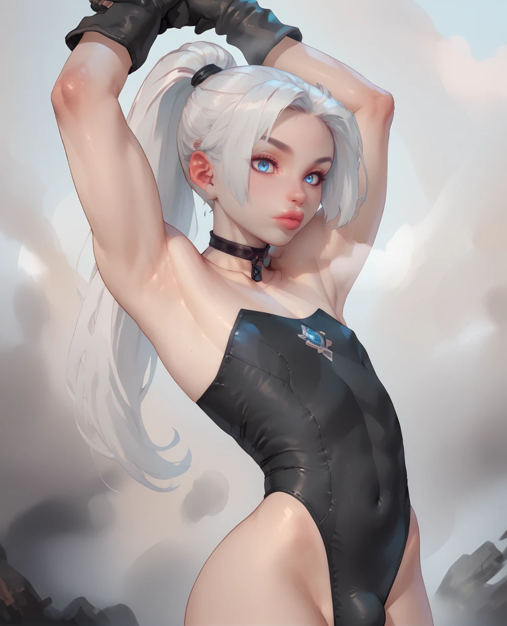 score_9,score_8_up,score_7_up,
yorhaxl,white hair,black choker,big lips,blue eyes,arms,up,ponytail,long hair,arms up,bulge,flat chest,
black gloves,black leotard,
fog,
<lora:Yorha9s:1>,