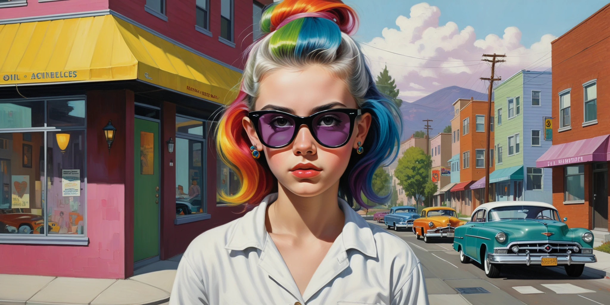 1950 popular mechanics cover style oil painting of a 50s neighborhood, (in the center of the frame is a modern day teenage egirl with multicoloured liquid hair, looking like she just walked out of a tattoo parlour), (wearing ray-bans with modern clothes), rainbow punk princess ((masterpiece)), ((best quality)), solo, 1girl, mascara, makeup, (white sclera) masterpiece, best quality, 1girl,solo   <lora:xl_more_art-full_v1:0.6> <lora:eGirls_XL_v1:0.6>