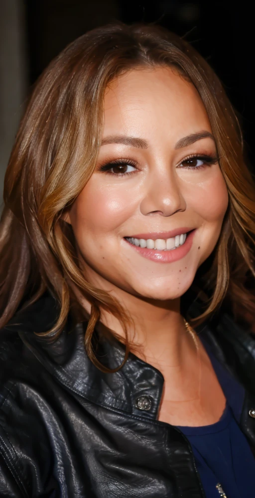 MC, 1girl, solo, portrait, smile, looking at viewer, leather jacket, perfect quality, good quality, masterpiece, HDR, UHD <lora:Mariah Carey-000005:0.75>