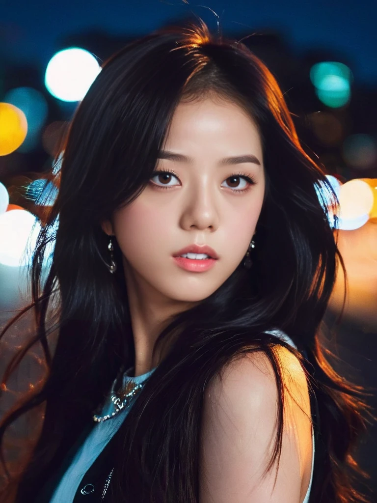 instagram photo, fashion photography, close up portrait photo of 22 y.o woman, jisoo, , hard shadows, night, city light, outdoor, bokeh, solo, masterpiece, best quality, high resolution, ultra realistic, HDR, 8K,  <lora:jisooxl:1>