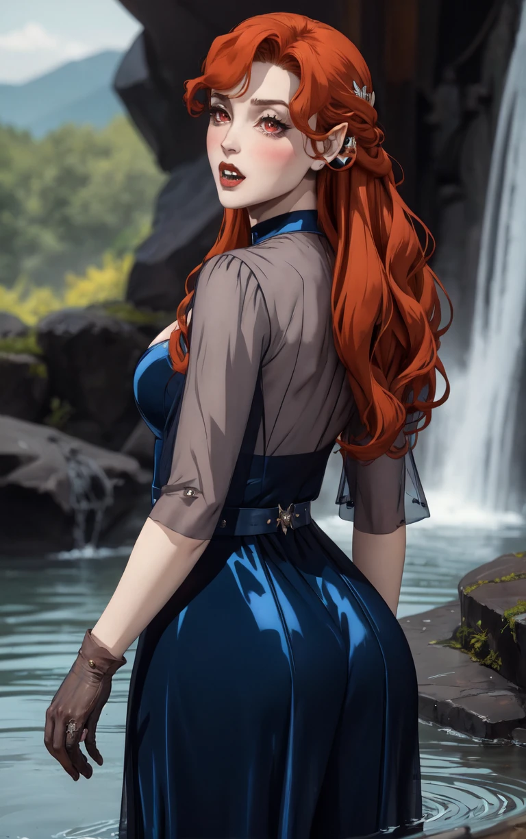 ((masterpiece, best quality)), insaneres, absurdres, solo, looking at viewer,
BlueDress_Lenore_ownwaifu,
1girl, long hair, red eyes, blush, pointy ears, lips, breasts, red hair, hair ornament, braid, fangs, makeup, lipstick, black lips, vampire, very long hair, wavy hair, colored skin, blunt bangs,
cleavage, dress, jewelry, gloves, blue dress, see-through, grey gloves, see-through sleeves, ring, long dress, belt, choker, bracelet,
(wading, ass support), waterfall, <lora:CARTOON_Castlevania_Lenore_ownwaifu:0.75>,
depth of field, vanishing point, garden, sidelighting,