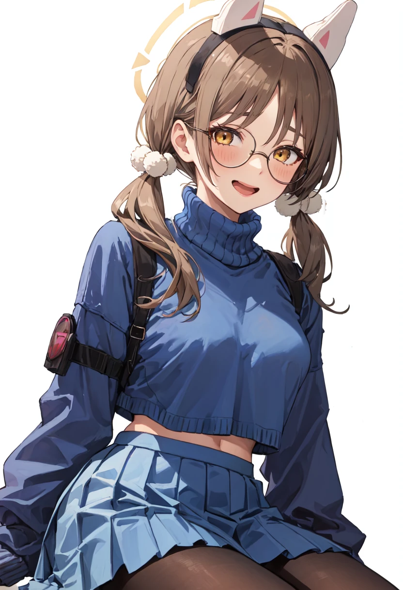 best quality, masterpiece, highres, solo, (moe_bluearchive:1.10), 1girl, blue skirt, blue sweater, blush, long sleeves, looking at viewer, pom pom hair ornament, pleated skirt, sitting, turtleneck sweater, holding lollipop, open mouth, smile, black pantyhose, brown pantyhose, simple background, white background, brown eyes, low twintails, 8 <lora:moe_bluearchive:0.80>
