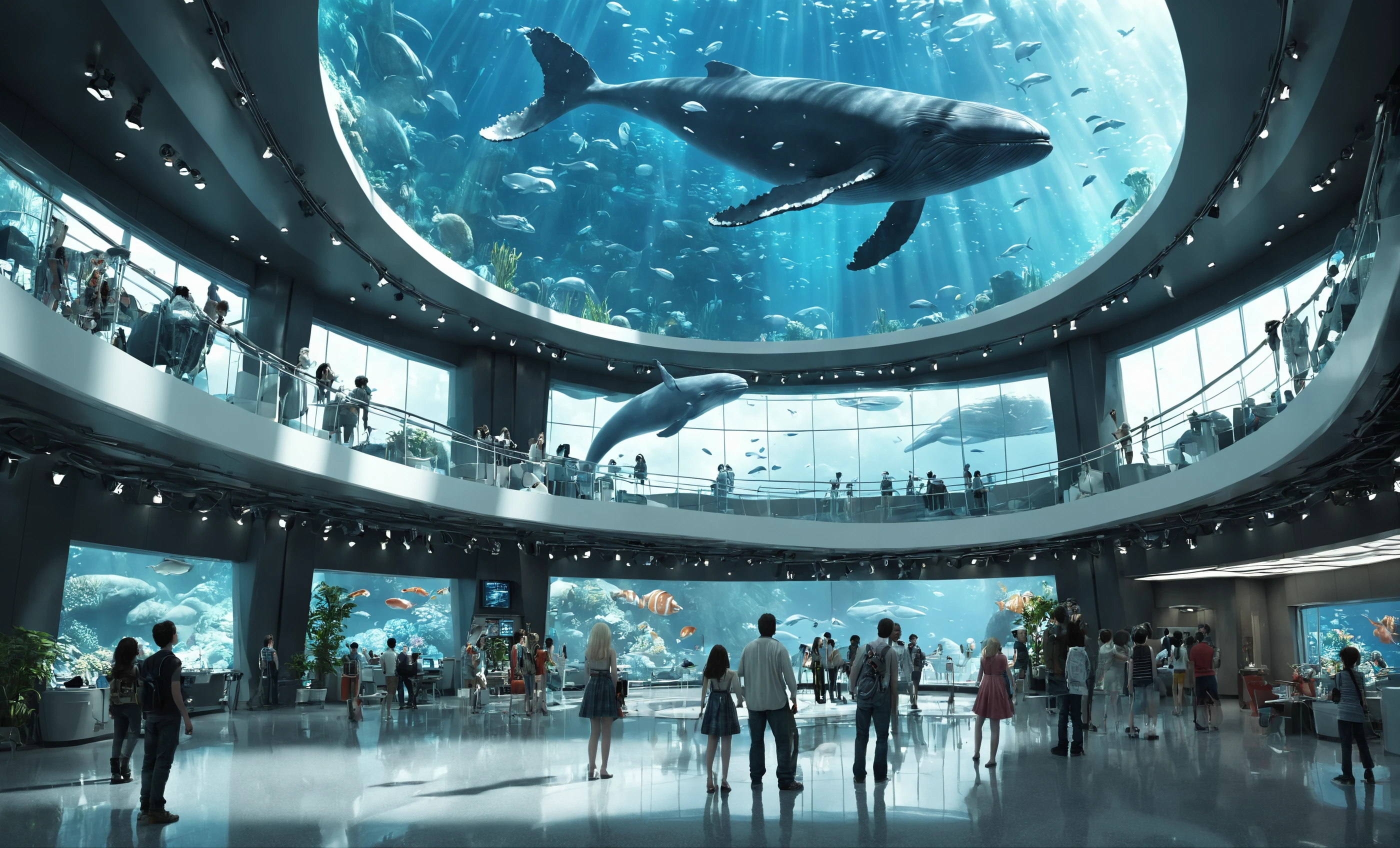 jzcgXL052,indoors,Sci-fi scenesï¼aquariaï¼Sleek curvilinear interior designï¼There was a big whale specimen hanging in the airï¼The atmosphere of the movie ï¼scenery,  people, <lora:JZCGXL052-000008:0.3>, hyperrealistic art . extremely high-resolution details, photographic, realism pushed to extreme, fine texture, incredibly lifelike