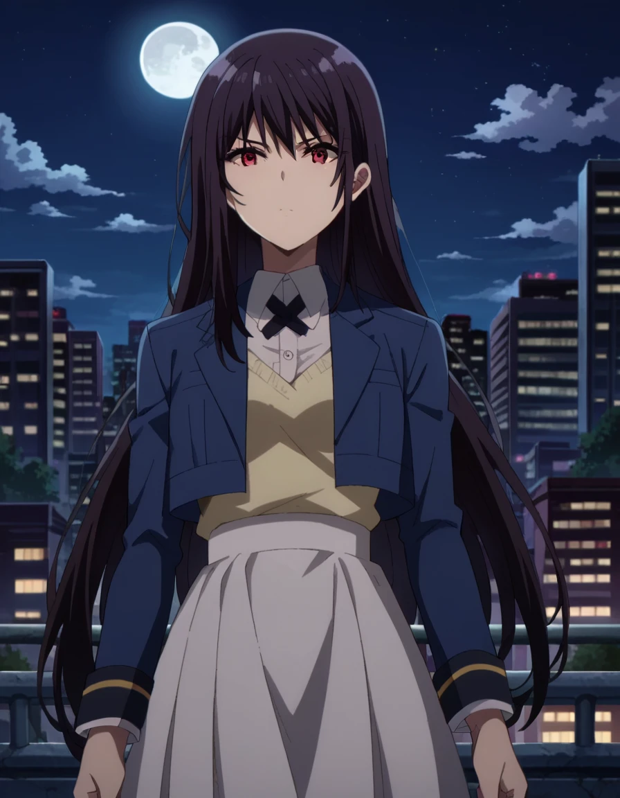 score_9, score_8_up, score_7_up, source_anime,
clairekagenou, <lora:claire-kagenou-ponyxl-lora-nochekaiser:1>,
claire kagenou, long hair, black hair, red eyes,
shirt, jacket, blazer, skirt, white skirt,
outdoors, cityscape, night, moon,
looking at viewer, dutch angle,