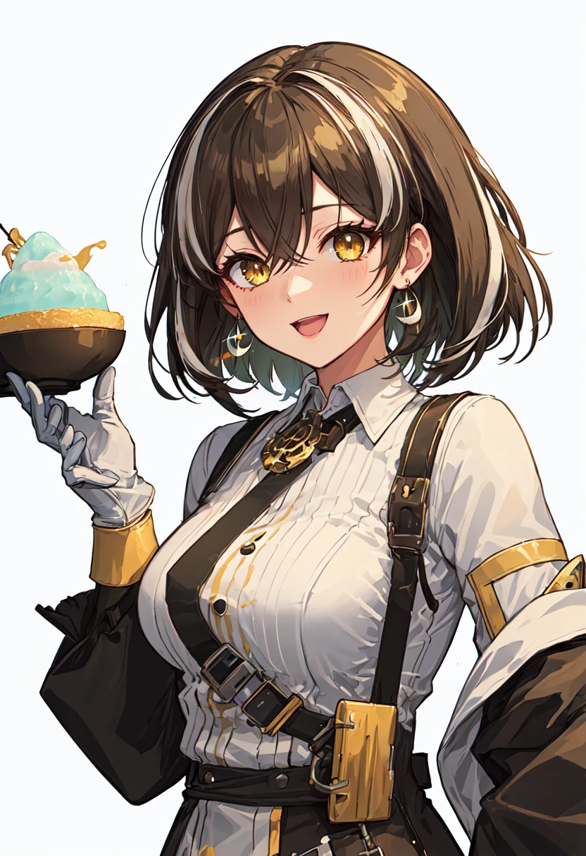 best quality, masterpiece, highres, solo, (magallan_arknights:1.10), 1girl, long sleeves, looking at viewer, nejiri hachimaki, official alternate costume, smile, white gloves, white shirt, holding bowl, simple background, upper body, jacket, jewelry, white background, shaved ice, single glove, open mouth, 11 <lora:magallan_arknights:0.80>
