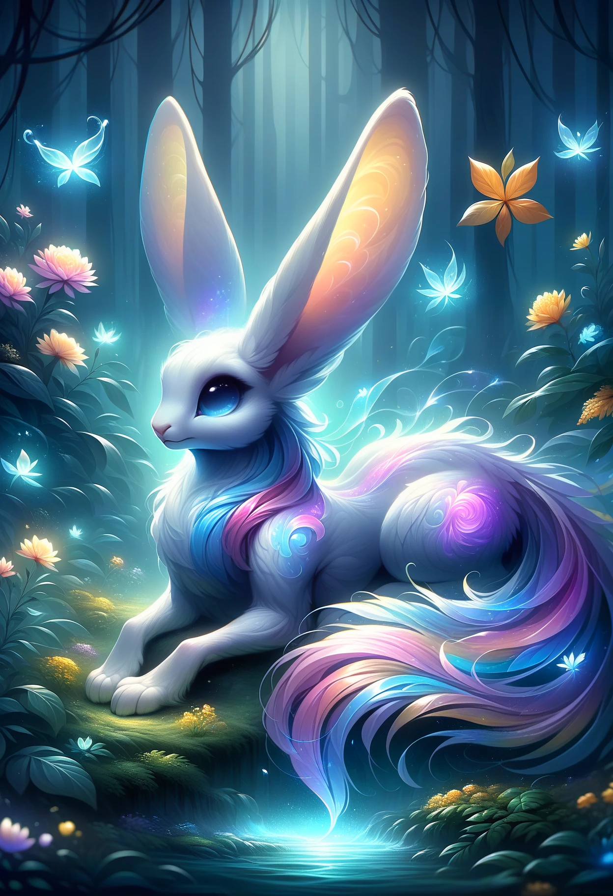 <lora:PonySpiritAnimals:1> Spirit animal, score_9, score_8_up, score_7_up, score_6_up, score_5_up, score_4_up, hyper detailed, fantasy landscape, dreamlike, fog, vivid colors, closeup UHD, small creature with big ears, otherworldy, lying down, large eyes, large ears flopped either side of its head, pale yellow and orange and pink stripes, hyper detailed, fantasy art, lush foliage, splashes of teal and orange colors, dreamy atmosphere, dawn or dusk light, glowing flowers and plants, colorful leaves, serene, 4k masterpiece