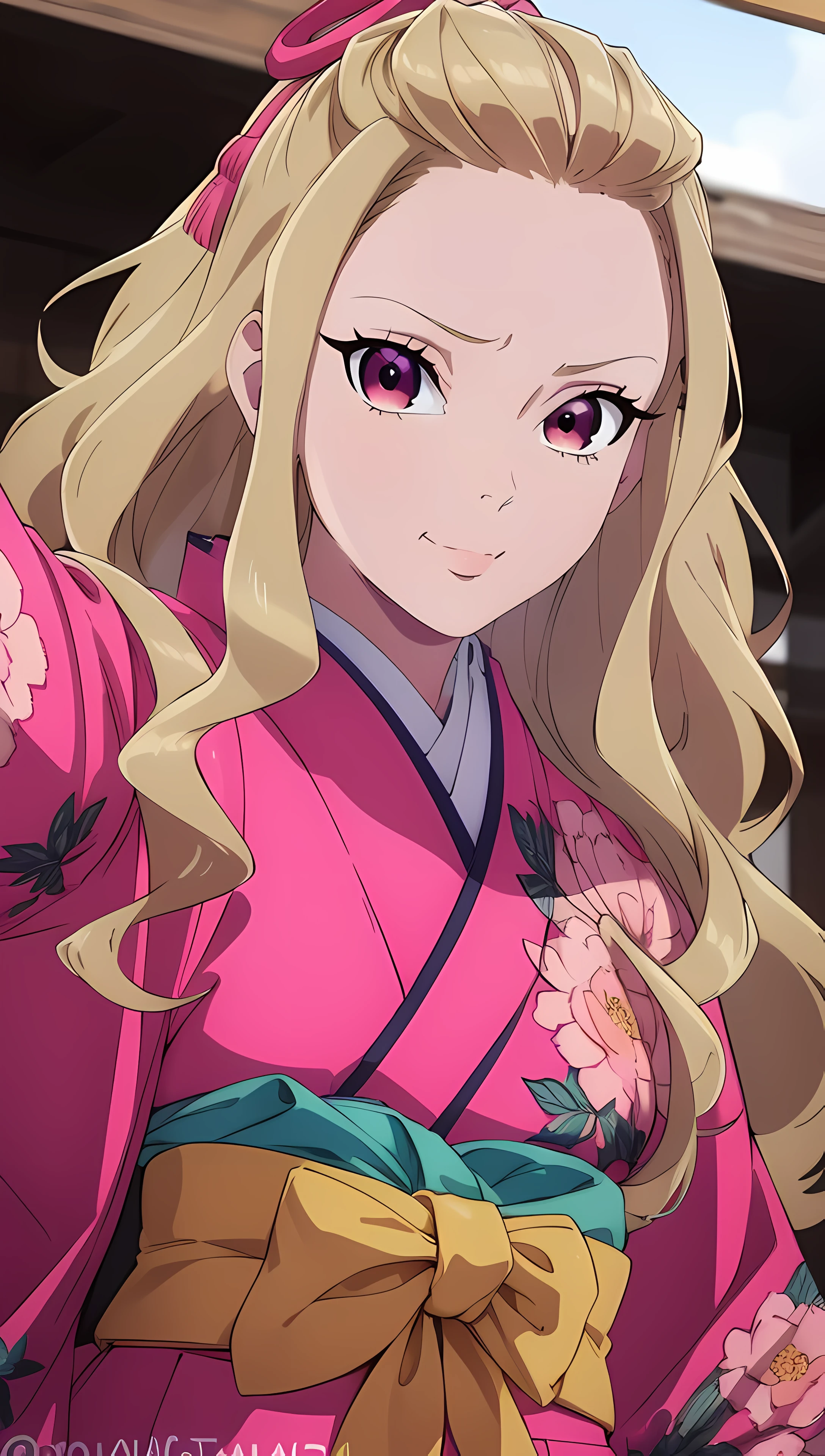 masterpiece, best quality, high resolution, highly detailed, HDR, intricate detail, ultra detailed,
BREAK
<lora:Saimori Kaya:0.7>_wavy blonde waist-length hair_bangs tied with pink ribbon_pink eyes_(open forehead:1.2)
BREAK
 (selfie:1.3)_(cowboy shot:1.4)
BREAK
(Pink kimono:1.3)