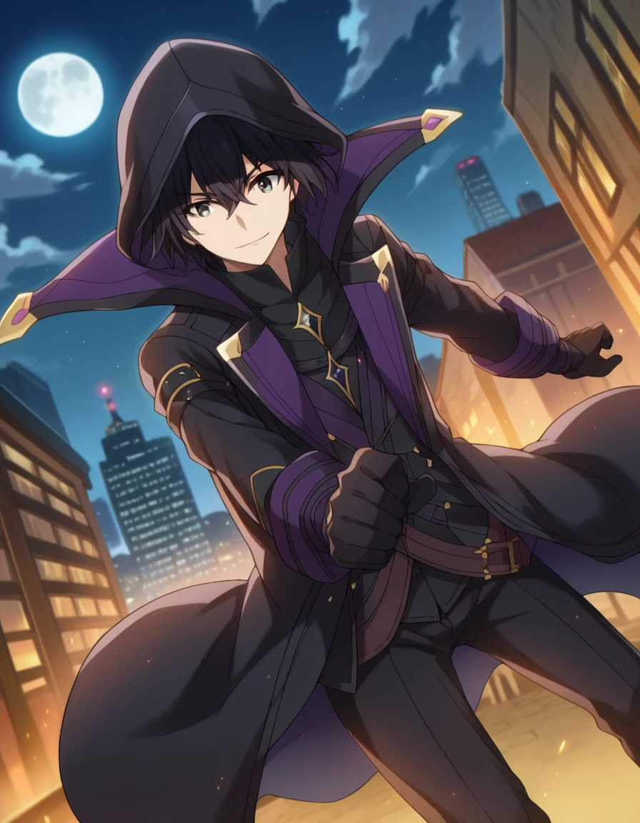 score_9, score_8_up, score_7_up, source_anime,
cidkagenou, <lora:cid-kagenou-ponyxl-lora-nochekaiser:1>,
cid kagenou, black hair, 1boy, hair between eyes, male focus, black eyes, smile,
gloves, long sleeves, black gloves, pants, hood, coat, black pants, hood up, black coat,
outdoors, cityscape, night, moon,
looking at viewer, dutch angle, dynamic pose, fighting stance,