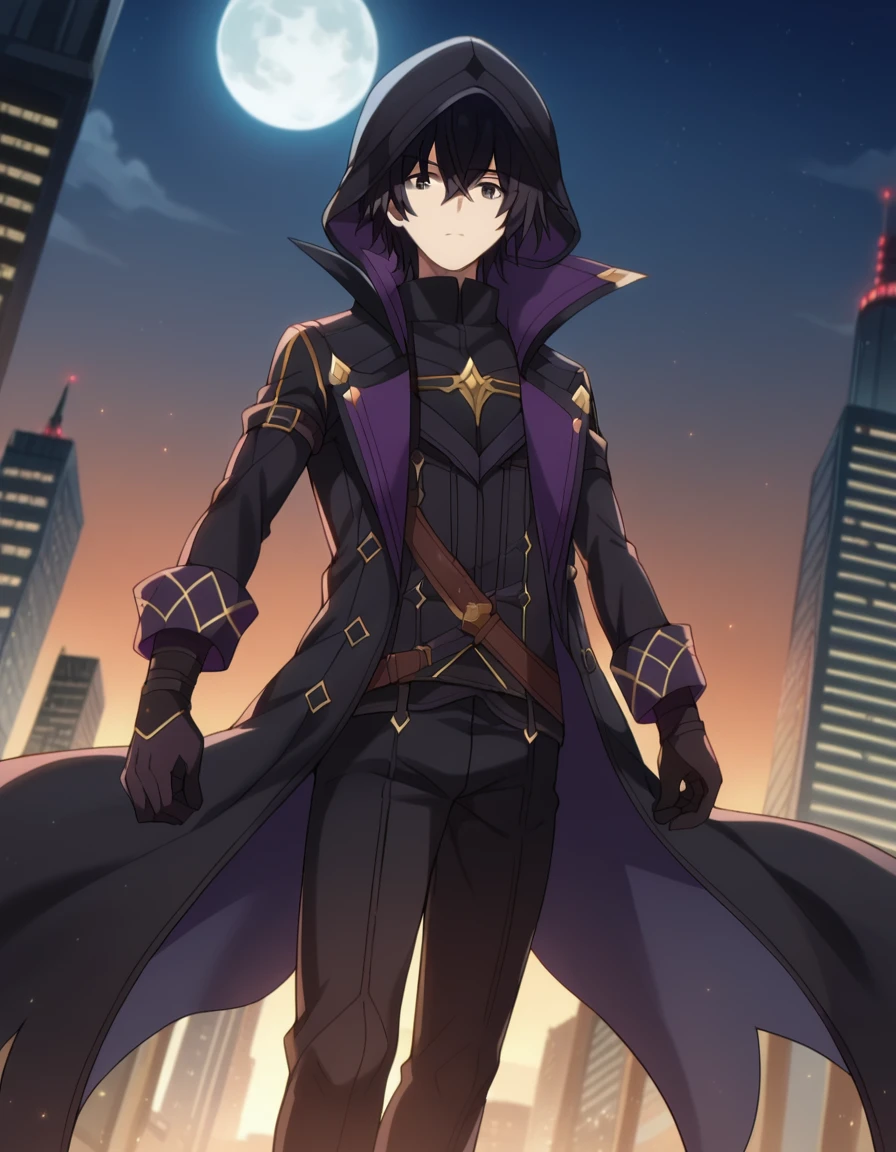 score_9, score_8_up, score_7_up, source_anime,
cidkagenou, <lora:cid-kagenou-ponyxl-lora-nochekaiser:1>,
cid kagenou, black hair, 1boy, hair between eyes, male focus, black eyes,
gloves, long sleeves, black gloves, pants, hood, coat, black pants, hood up, black coat,
outdoors, cityscape, night, moon,
looking at viewer, dutch angle,