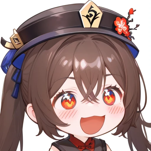 <lora:Ath_smile:1>,smile,1girl,hu tao \(genshin impact\),hat,solo,open mouth,symbol-shaped pupils,white background,brown hair,simple background,red eyes,looking at viewer,:d,blush,twintails,bangs,hair between eyes,flower,long hair,hat flower,portrait,sidelocks,black headwear,v-shaped eyebrows,chinese clothes,chibi,hat ornament,:3,