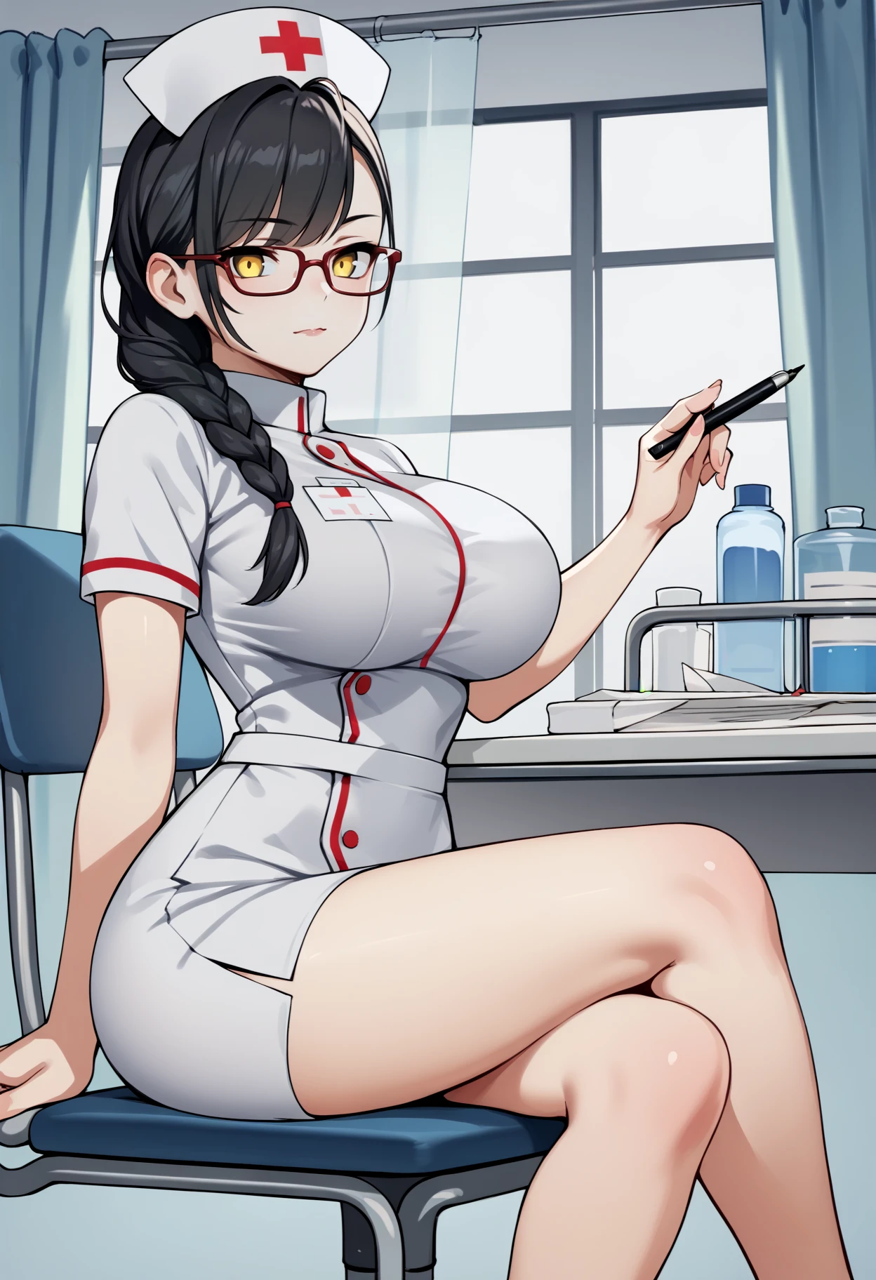 score_9, score_8_up, score_7_up, score_6_up, source_anime, BREAK, hospital, 1girl, black hair, single braid, yellow eyes, glasses, nurse cap, nurse, short sleeves, large breasts, bare legs, table, chair, sitting, holding pen, looking at viewer,  <lora:NDGD_PDXL-v1-09:1>