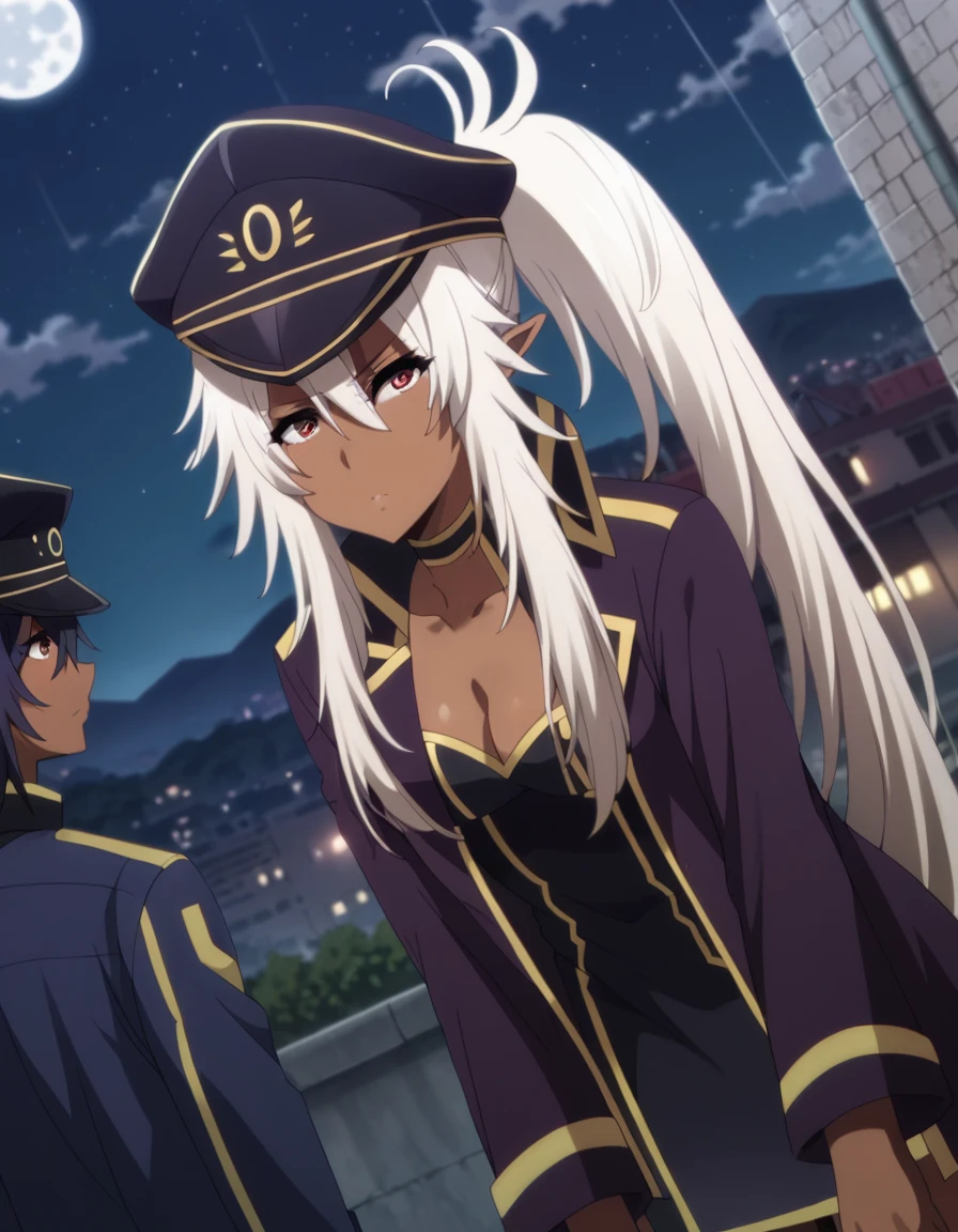 score_9, score_8_up, score_7_up, source_anime,
shadowlambda, <lora:shadow-lambda-ponyxl-lora-nochekaiser:1>,
lambda, long hair, white hair, pointy ears, dark skin, dark-skinned female, sidelocks, ponytail, red eyes,
hat, uniform, coat, sleeves past wrists, military, military uniform, peaked cap,
outdoors, cityscape, night, moon, bent over,
looking at viewer, cowboy shot, dutch angle,