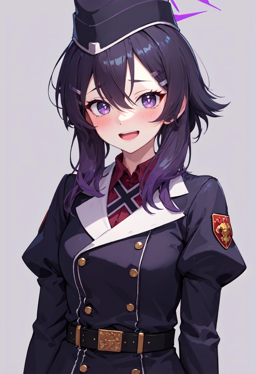 best quality, masterpiece, highres, solo, (haruka_bluearchive:1.10), 1girl, garrison cap, juliet sleeves, upper body, black belt, blush, collared shirt, looking at viewer, open mouth, purple jacket, smile, black headwear, purple background, simple background, 9 <lora:haruka_bluearchive:0.80>