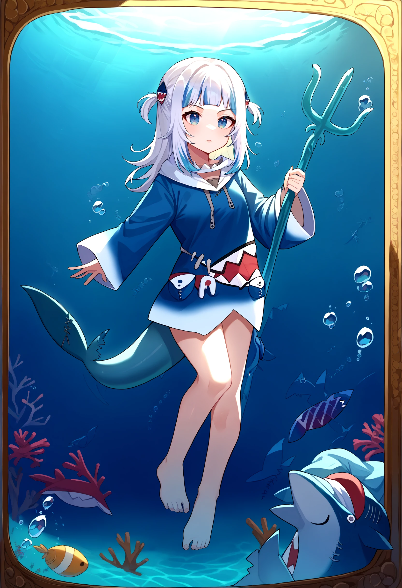 score_9, score_8_up, source_anime, 1girl, solo, holding weapon, holding, weapon, Trident, <lora:UBW_XLPD:1>, full body, gawr gura, blue hoodie, two side up, shark hair ornament, shark tail, shark hood, underwater, 
[:, <lora:guraXL:1> gawr gura, blue hoodie, two side up, shark hair ornament, shark tail, shark hood:16]