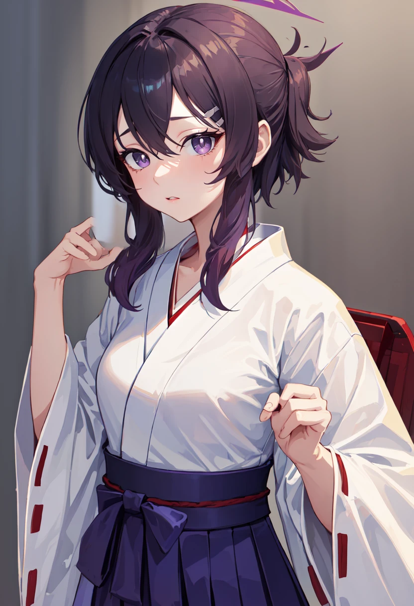 best quality, masterpiece, highres, solo, (haruka_bluearchive:1.10), (white kimono:1.35), (red hakama:1.35), (wide sleeves:1.20), 29 <lora:haruka_bluearchive:0.80>
