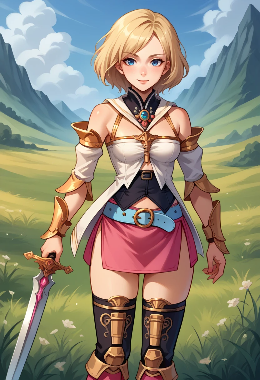 score_9, score_8_up, source_anime, 1girl, solo, Ashelia, medium hair, blonde hair, blue eyes, detached collar, brooch, white shirt, cleavage, midriff, detached sleeves, bracer, black corset, pink skirt, microskirt, pink skirt, blue belt, thigh boots, holding sword, outdoors, open field, grass, hill, smile, <lora:CHAR-AsheliaPonyXL:1>