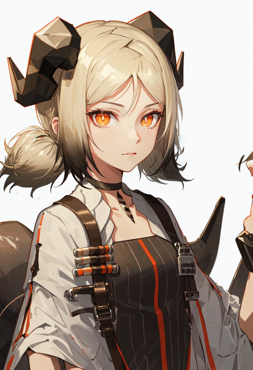 best quality, masterpiece, highres, solo, (ifrit_arknights:1.10), 1girl, looking at viewer, black choker, upper body, simple background, dress, white background, 6 <lora:ifrit_arknights:0.80>