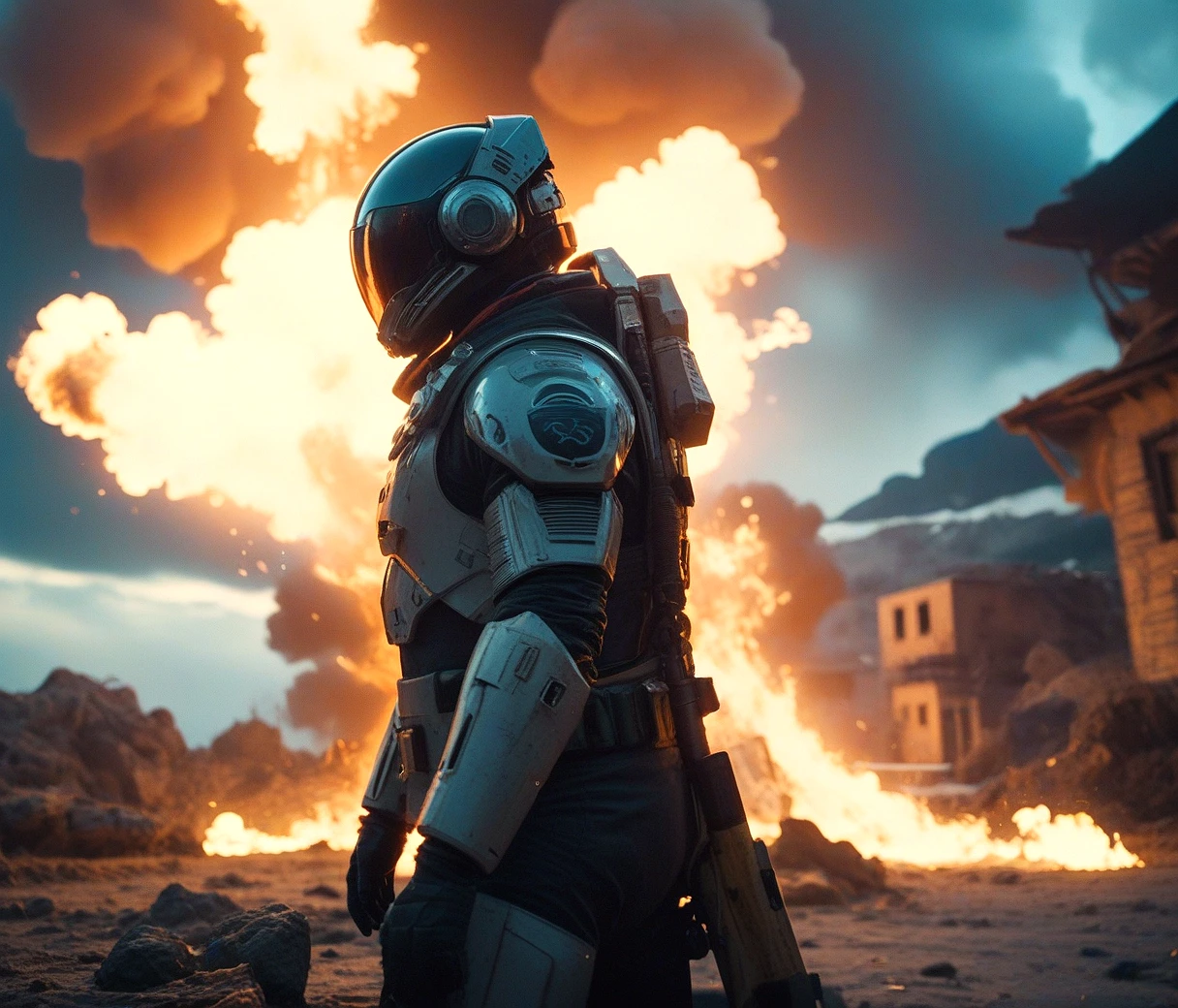 RAW photo, post processing, Cinematic, masterpiece, game Helldivers character in a shoot out, explosions, fire, wide angle, full cinematic scene, film grain, soft lighting, high contrast