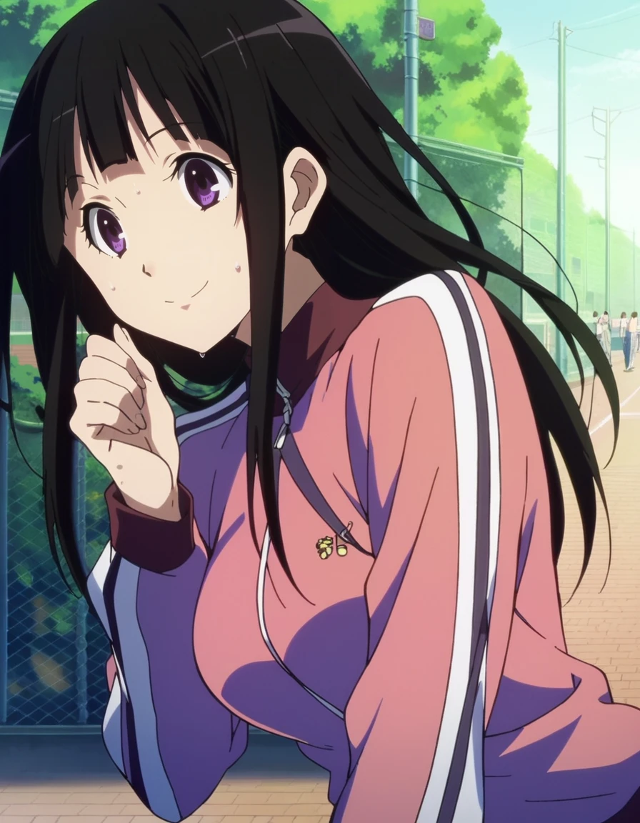 score_9,score_8_up,score_7_up,masterpiece,best quality,absurdres,official art,official style,source_anime,uncensored,game cg,megami magazine,anime screencap,
1girl,solo,
<lora:chitandaeruXL4pony:0.8>,chitandaeru,
long hair, black hair, purple eyes,
track suit,
smile,
sweat,
sun,
ground,
(run:1.5),