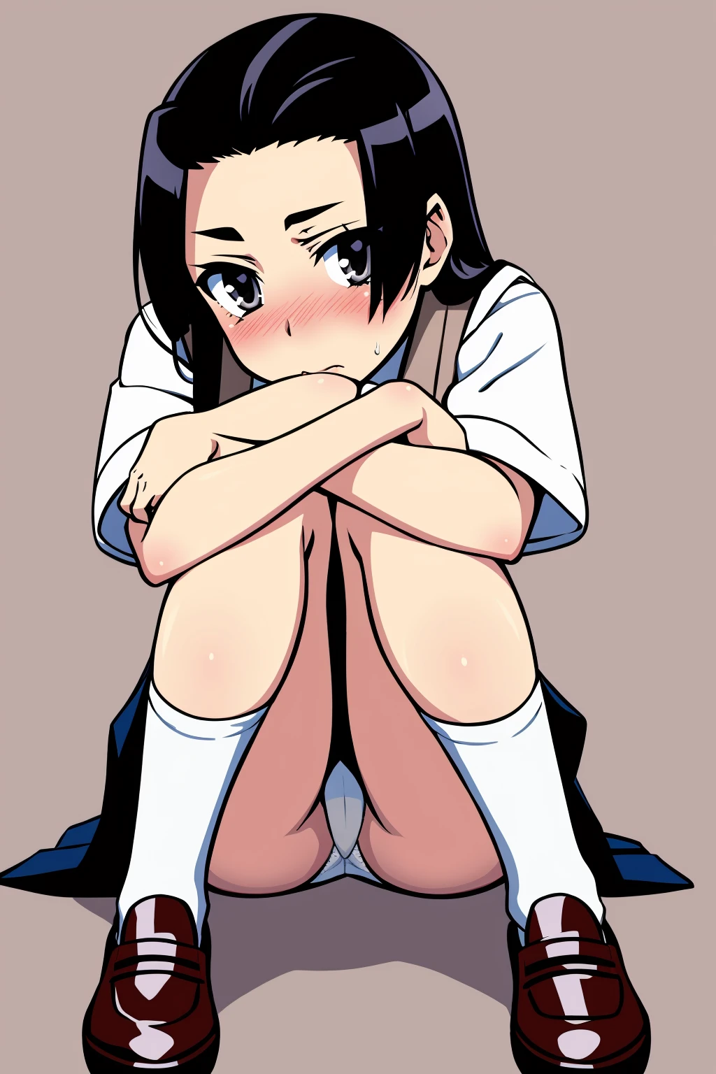 masterpiece, best quality,  <lora:kongoumitsuko:1>,solo, 1girl, panties, underwear, pantyshot, school uniform, long hair, black hair, blush, socks, hugging own legs, sitting, sweater vest, hand fan, skirt, brown eyes, white panties, shoes, black eyes, folding fan, simple background