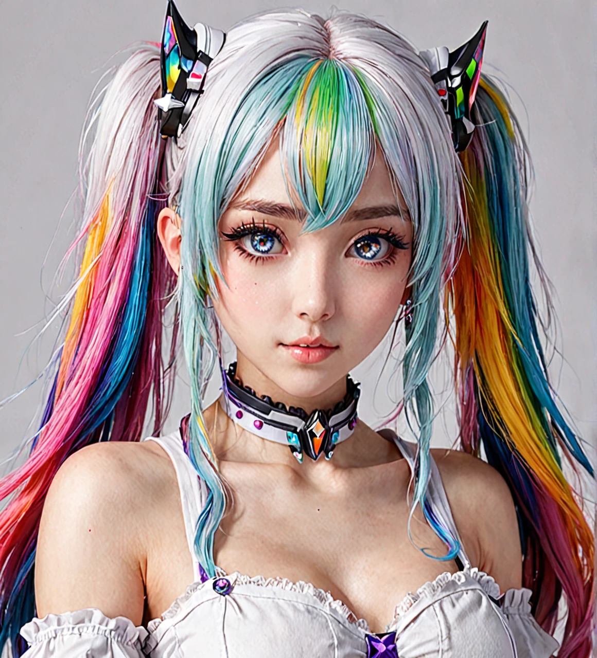 a cute egirl gamer, beautiful colorful rainbow-haired girl ((19)) with beautiful detailed eyes, (solid white background:1.5) score_9, score_8_up, score_7_up, 1girl, (sexy and seductive:1.2), beautiful down-turned lips, colorful hair, long hair,  two side up, twin-tails, zettai ryouiki, ((masterpiece)), ((best quality)), ((extremely detailed CG unity 8k wallpaper)), solo, 1girl, mascara, makeup, (white sclera) masterpiece, best quality, 1girl,solo, 8k, UHD, HDR, (Masterpiece:1.5), (best quality:1.5)  <lora:eGirls_XL_v1:0.6>