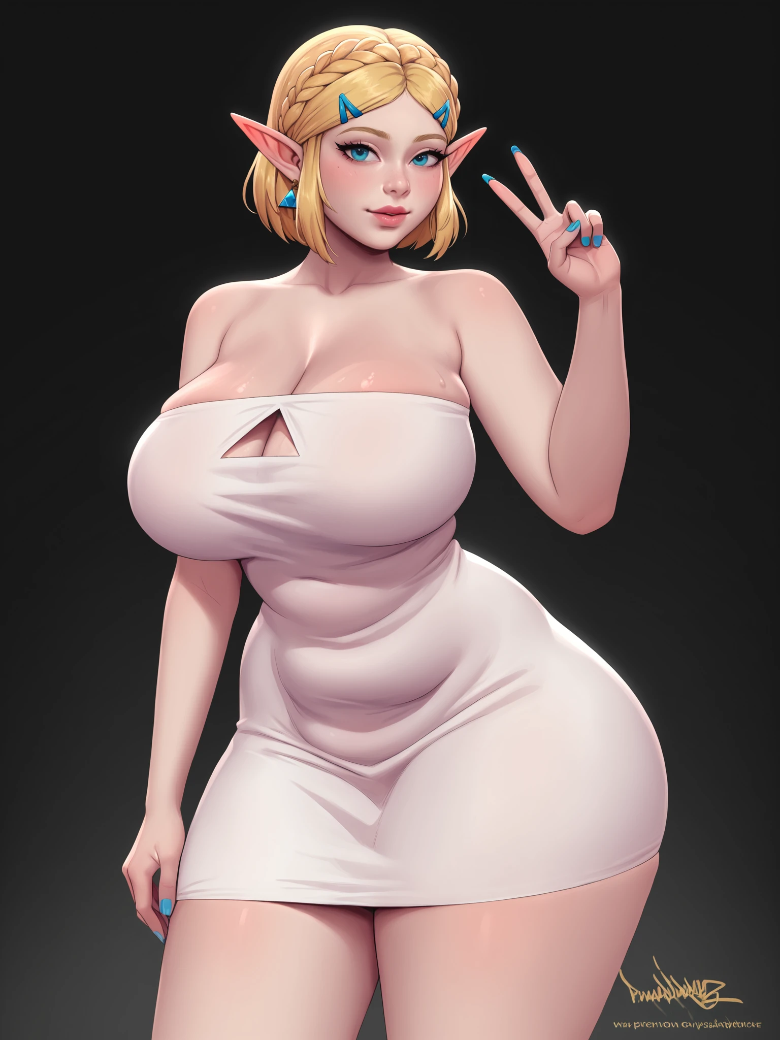 score_9, score_8_up, score_7_up, score_6_up, score_5_up, score_4_up,
BREAK
1girl, princess zelda, the legend of zelda: tears of the kingdom, short hair, braid, cyan eyes, elf,
BREAK
solo, standing, cowboy shot, white dress, huge breasts, huge thighs, plump, fat, fat waist, strapless, sleeveless, peace sign, gold trim,
BREAK
black background, simple background, realistic, <lora:Lunas-Pinkdrawz-SDXL-A1:1>