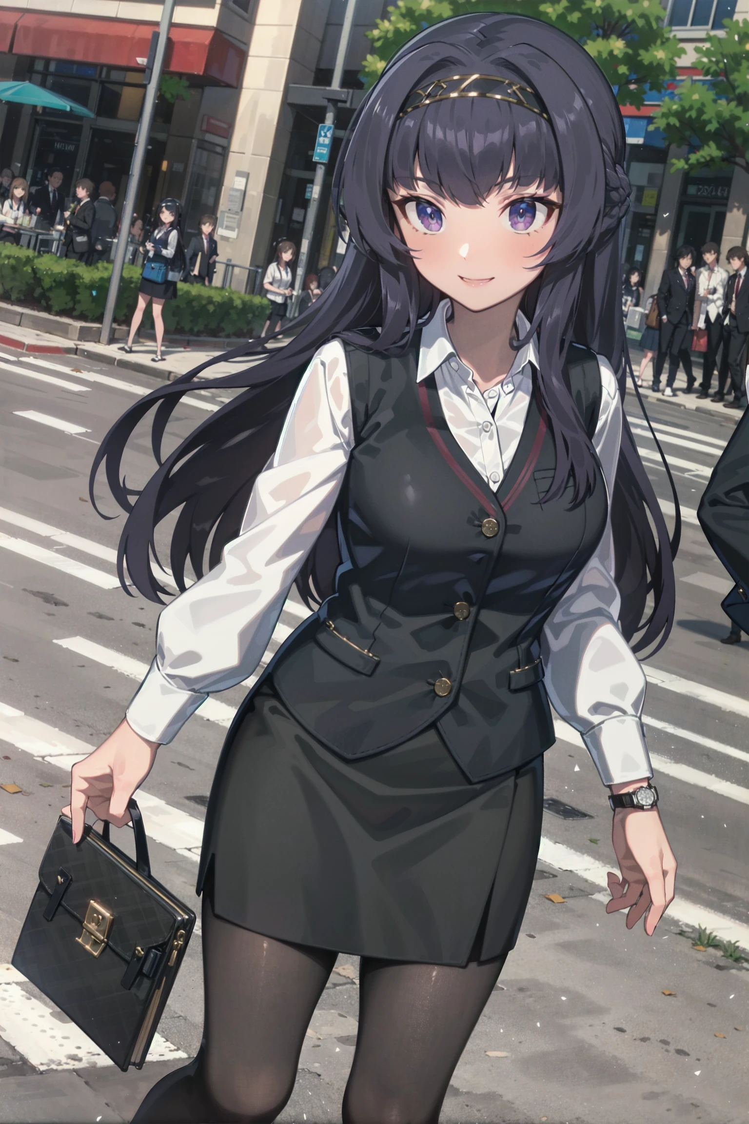 absurdres, high detail, uhd, city, street,
walking, light smile, holding folder,
curren, long hair, black hairband, office lady, white shirt, collared shirt, long sleeves, black vest, wristwatch, black_skirt, brown_pantyhose
<lora:gomaotsu-curren-t2-000080:0.7>