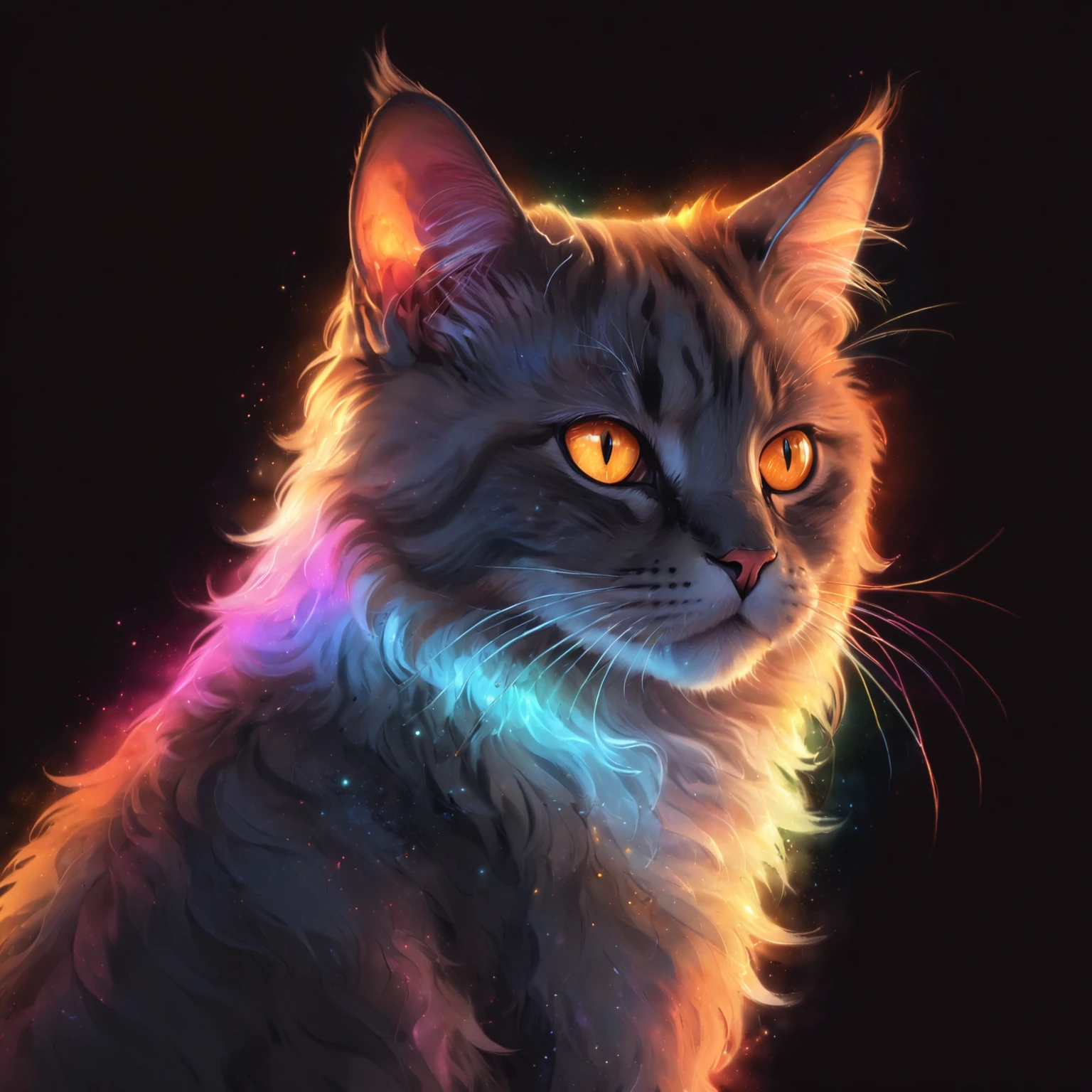 colorful drawing of a cat with glowing fur