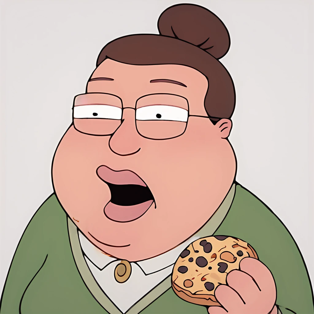 score_9, score_8_up, score_7_up, ellehitler, brown hair, hair bun, glasses, fat woman, close-up portrait, white background, eating a cookie,
<lora:ElleHitlerPonyXL_v2:1>