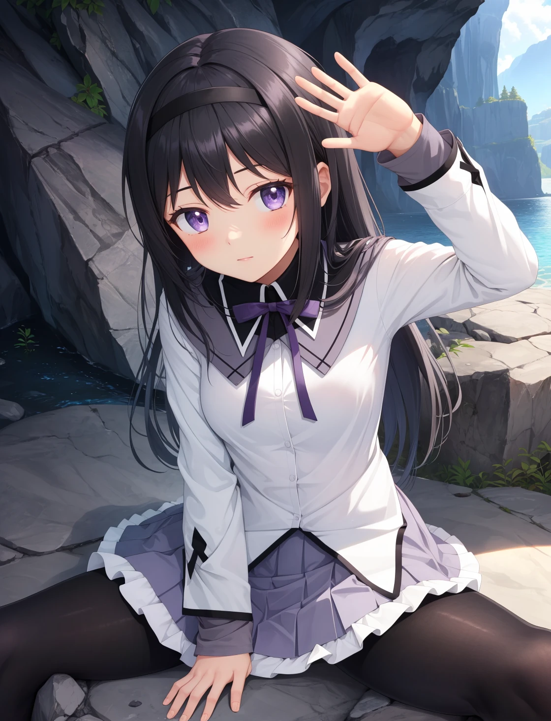 masterpiece, best quality, highres,
AkemiAi, 1girl, solo, purple eyes, black hair, ribbon, hairband, black hairband, neck ribbon, small breasts, closed mouth, long hair, breasts, blush, bangs,
skirt, shirt, long sleeves, short over long sleeves, standing, white shirt, pantyhose, pleated skirt, frills, black pantyhose, frilled skirt, grey skirt, purple skirt, shiny, miniskirt, purple ribbon, argyle, argyle legwear, magical girl, akemi homura,
sitting, spread legs, skirt lift, panties under pantyhose, pantyshot, looking at viewer, waving, waving arms, arms up, outdoors, cave, darkness, shadow, stalactite, <lora:Akemi:1>