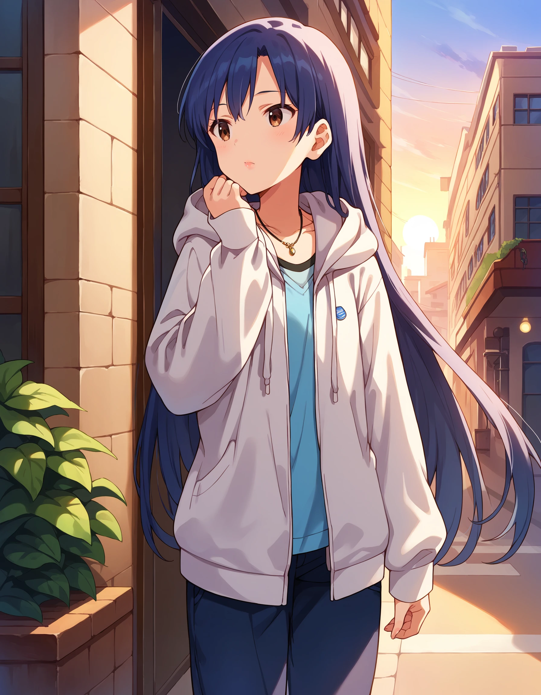 score_9, score_8_up, score_7_up, source_anime,
1girl, solo, full body,  wating, on  street, outdoors, building, display window, sunset, sky,
 <lora:KisaragiChihaya_pony_v1:0.8>
ksrgchy, very long hair, blue hair, bangs,  brown eyes, flat chest, 
hoodie, open hoodie, shirt, pants, loafers,
lipstick,  necklace,