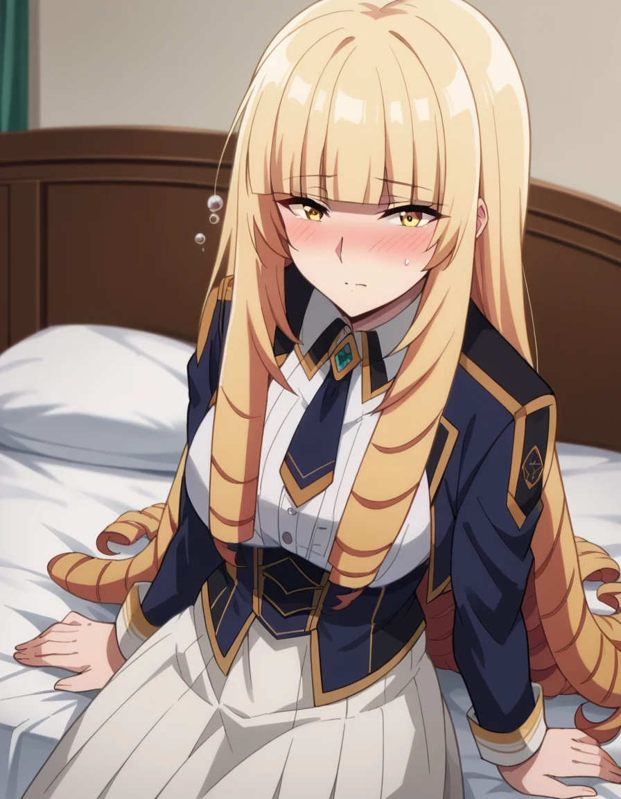 score_9, score_8_up, score_7_up, source_anime,
orianarose, <lora:oriana-rose-ponyxl-lora-nochekaiser:1>,
oriana rose, long hair, blonde hair, yellow eyes, drill hair, bangs, blunt bangs, mature female,
skirt, jacket, necktie, white skirt, corset,
indoors, bed, bed room, on side, blush, drunk,
looking at viewer, dutch angle,