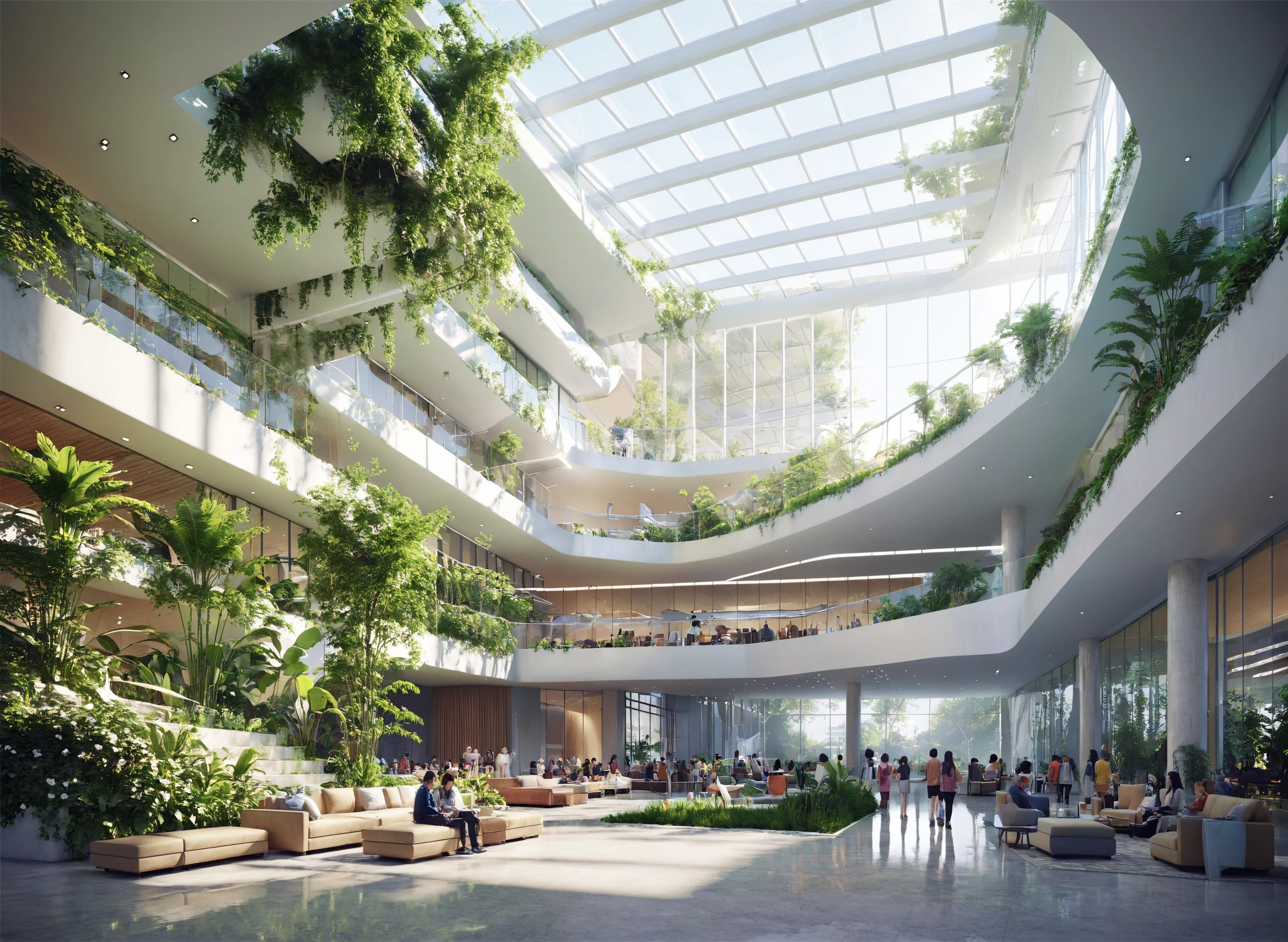 <lora:JZCGXL052-000008:0.7> jzcgxl052,  indoors,Sci-fi scenesï¼Bright and comfortable sense of spaceï¼big  atrium, rich ecological landscape,like a botanical gardenï¼ resting seating ï¼scenery, plant,  people, cinematic photo,professional, 4k, highly detailed ï¼masterpiece,  best quality