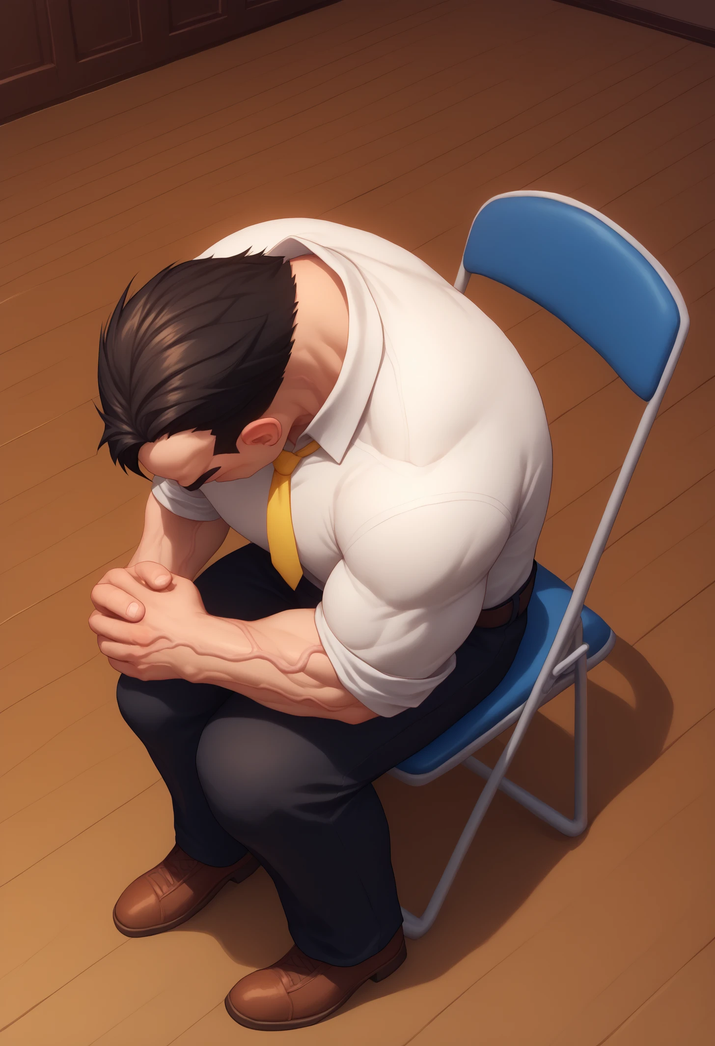 score_9, score_8_up, score_7_up, BREAK 1boy, solo, SenArmStrong, black hair, very short hair, buzz cut, <lora:SenatorArmstrongPDXL_V1-Manityro-CAME:1.0>, muscular male, veins, indoors, white shirt, torn clothing, torn shirt, yellow necktie, black pants, <lora:concept_shinjichair_ponyXL:1.1>, shinjichair, sitting, chair, head down, high-angle view, full body,