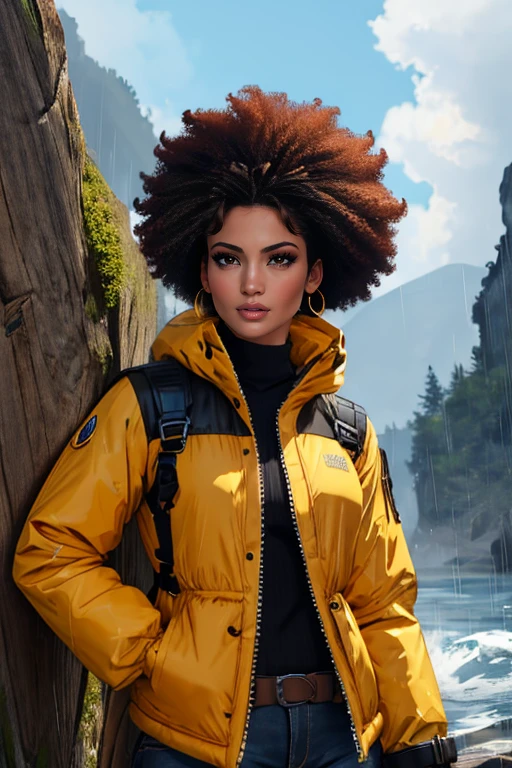 ((detailed)), ((masterpiece)), 8k resolution,
1girl, JenniferLopez, brown eyes, lips, earrings, jewelry,
a woman, Environmental Scientist, waterproof boots, rain jacket, (black hair, teeny weeny afro haircut:1.2), upper body, <lora:celebrityown_JenniferLopez:0.6>
