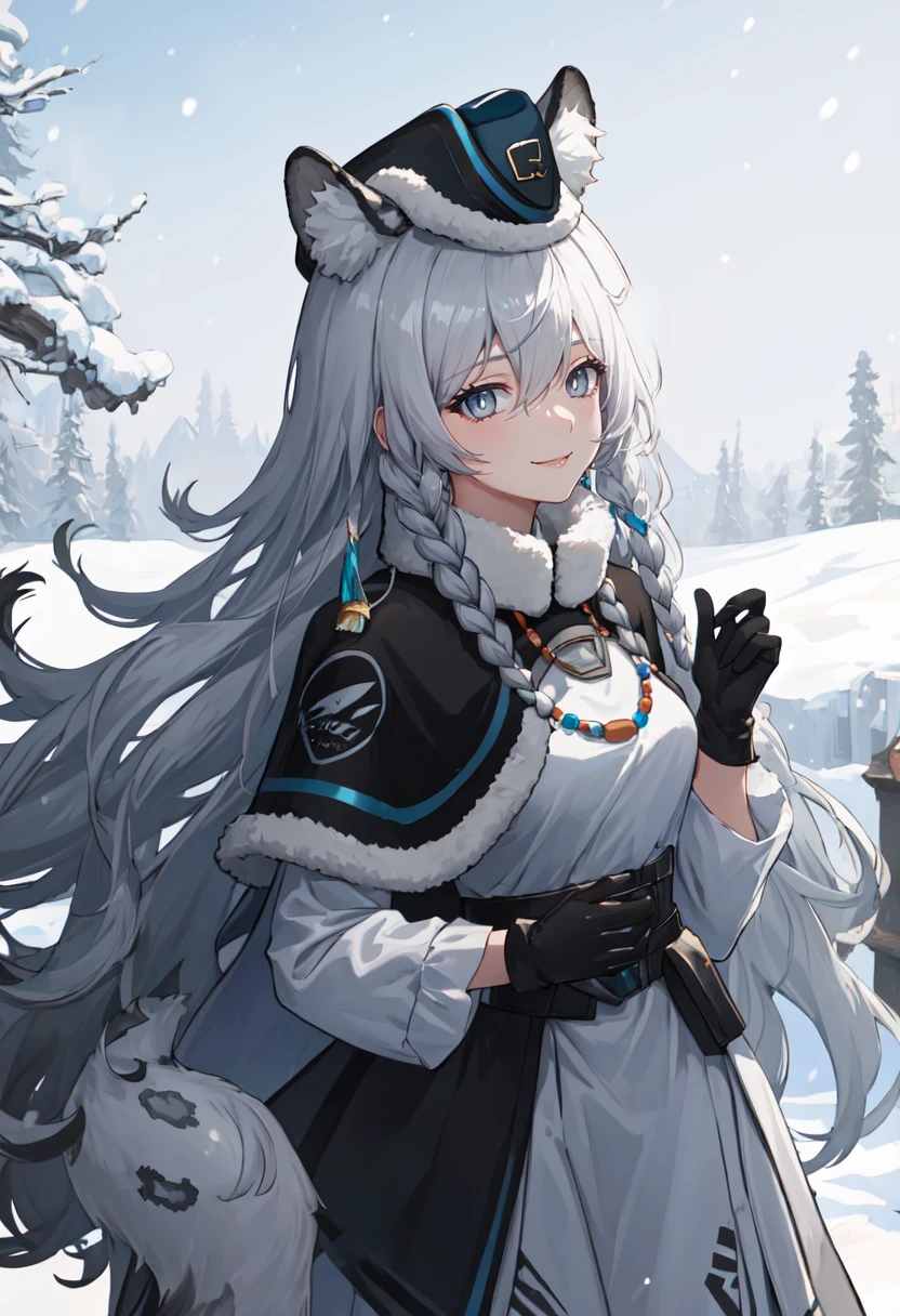 best quality, masterpiece, highres, solo, (pramanix_arknights:1.10), 1girl, black gloves, blue headwear, hat, long sleeves, looking at viewer, official alternate costume, bell, black capelet, dress, necklace, cowboy shot, fur-trimmed capelet, smile, snow, 7 <lora:pramanix_arknights:0.80>