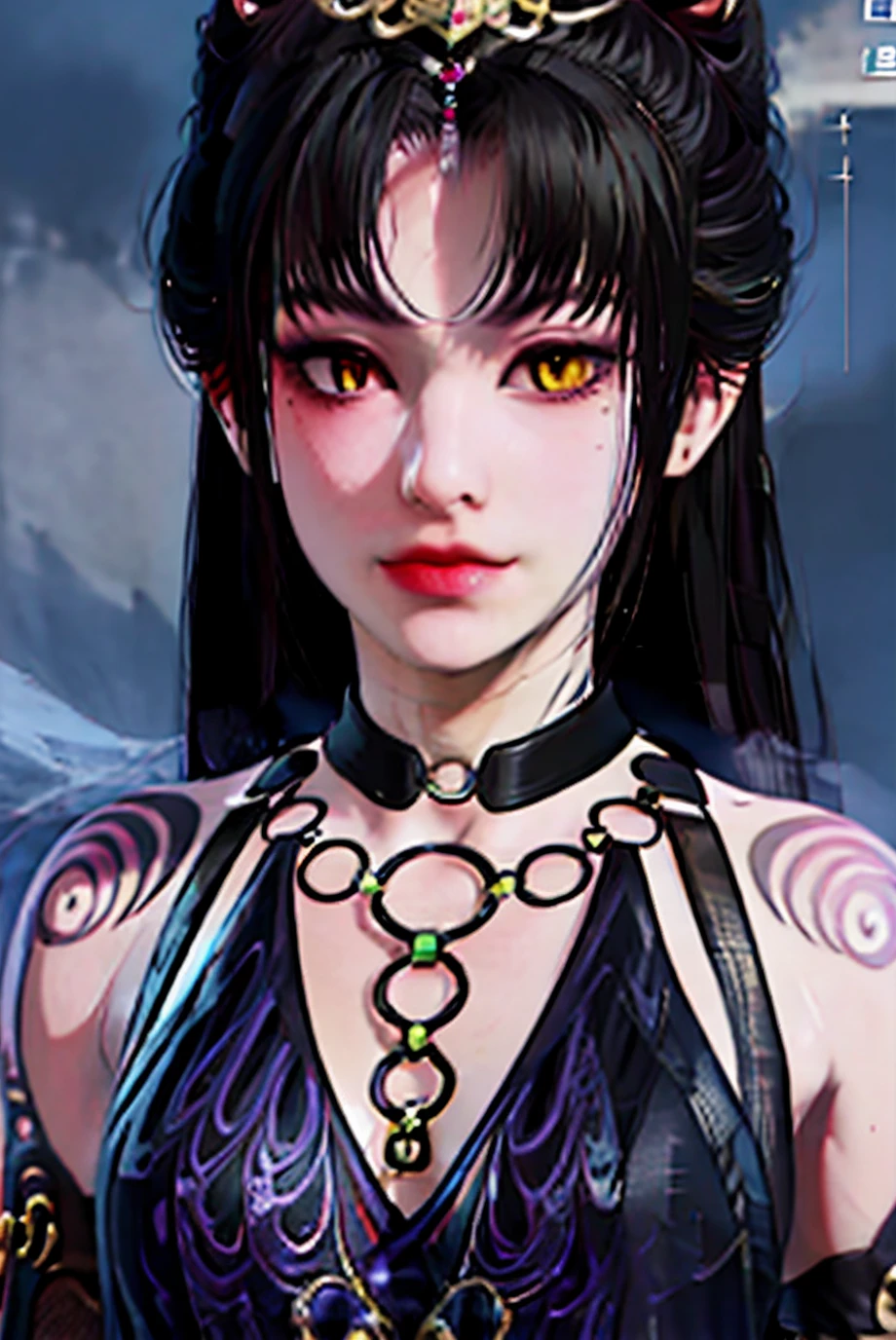 1girl,black hair,solo,<lora:YuLinglong_20240324112425:1>,face,dress,hair ornament,upper body,gloves,looking at viewer,long hair,heterochromia,elbow gloves,jewelry,yellow eyes,black gloves,
