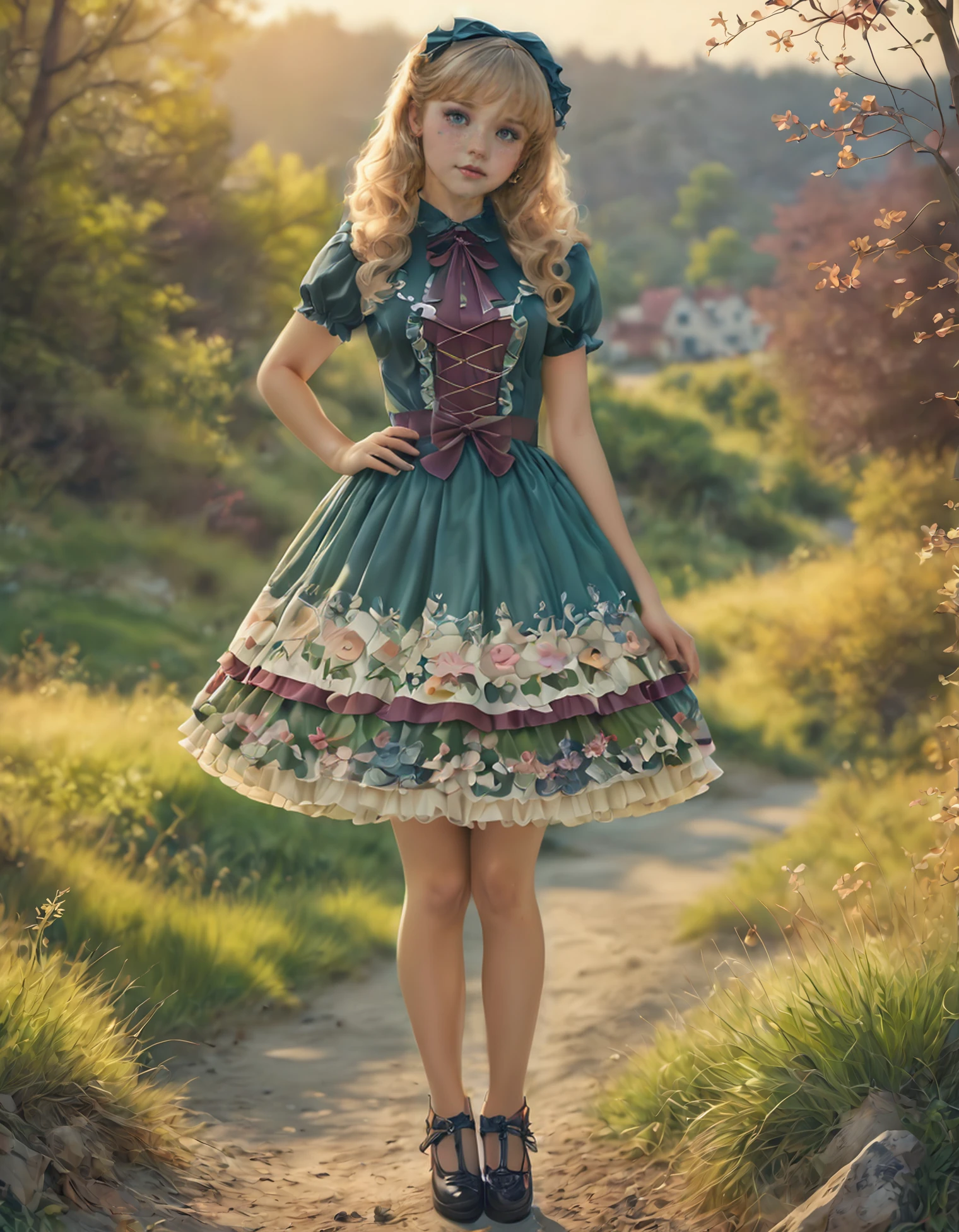 (full body photograph:1.2), (highly detailed textures:1.4), photorealistic photograph of cla1re wearing a sweetegl dress with (short skirt:1.2) and tights and shoes, standing on a grassy hill overlooking a picturesque natural landscape, sunset lighting background, highly detailed, <lora:cla1re3 (20):1.0> <lora:SweetLolitaXLv4.23:1.2>