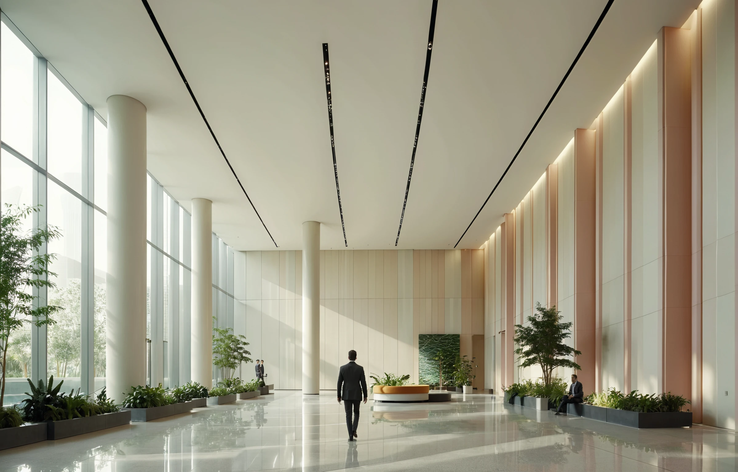<lora:JZCGXL052-000009:0.7>,  jzcgxl052,indoors,Anamorphic shots of a man standing in a huge,back to the camera,Rich ecological landscapes, botanical gardens,trees,plants( forest-like:1.2) eco-office atrium, pastel colors, cinematic contour lighting, low-contrast Prolog, award-winning composition, chromatic aberration, cinematic photo,professional, 4k, highly detailed ï¼masterpiece,  best quality