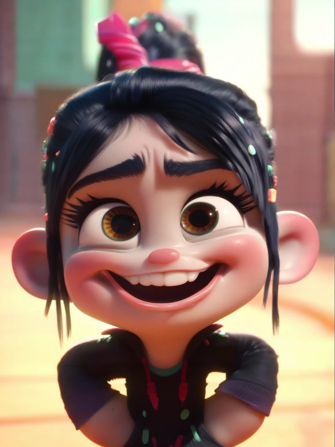 <lora:Vanellope:1>, va_pe, 1girl, small body, black hair, brown eyes, crazy, score_9, score_8_up, score_7_up,