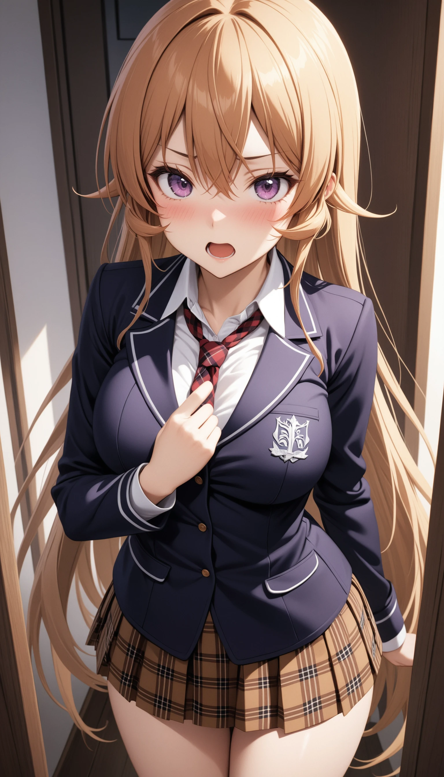 (masterpiece, best quality, very aesthetic, ultra detailed), intricate details,
1girl, nakiri erina, shokugeki no souma, purple eyes, school uniform, plaid skirt, blush, hand up, open mouth,
