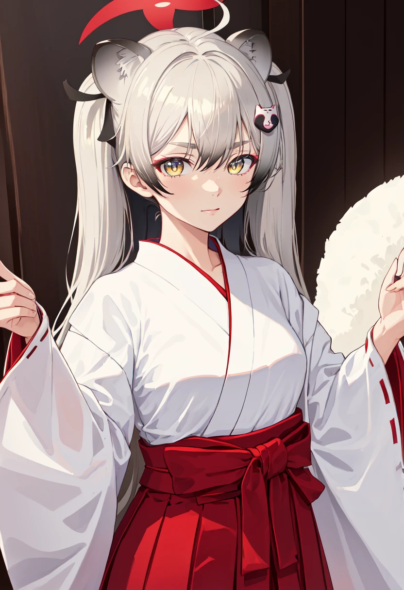best quality, masterpiece, highres, solo, (michiru_bluearchive:1.10), (white kimono:1.35), (red hakama:1.35), (wide sleeves:1.20), 18 <lora:michiru_bluearchive:0.80>