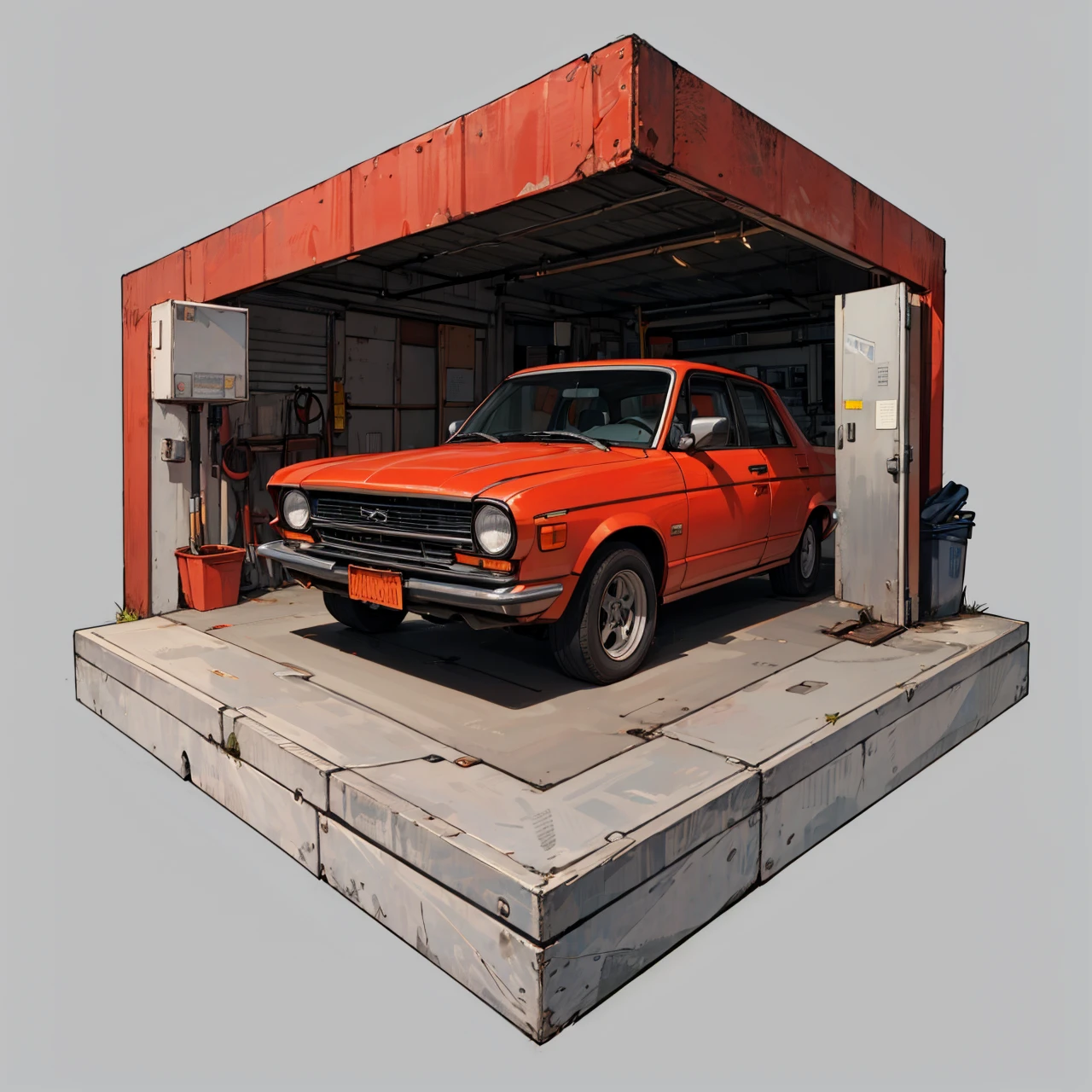 hexagonal composition, woman, garage, car, wrench, car repairs, long red hair, grease on shirt, simple background  <lora:hexagon_composition_03:0.6>