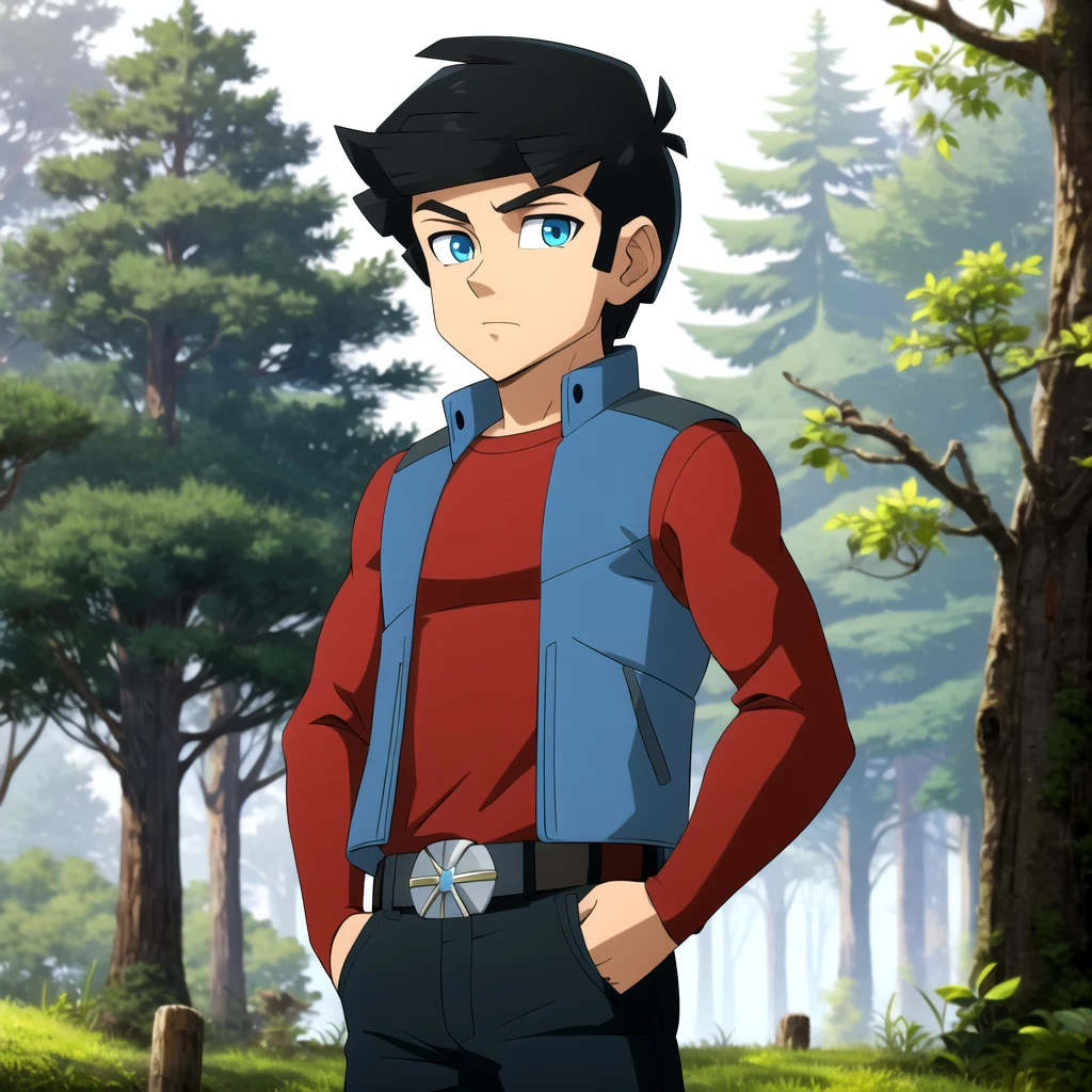 solo, 1boy, Ky Stax,  blue eyes, black hair,  vest, red shirt, long sleeves,    belt,  black pants,   <lora:Ky_Stax_Redakai_Leaf1:0.6>, cowboy shot, looking at viewer,  forest, hands in pockets,